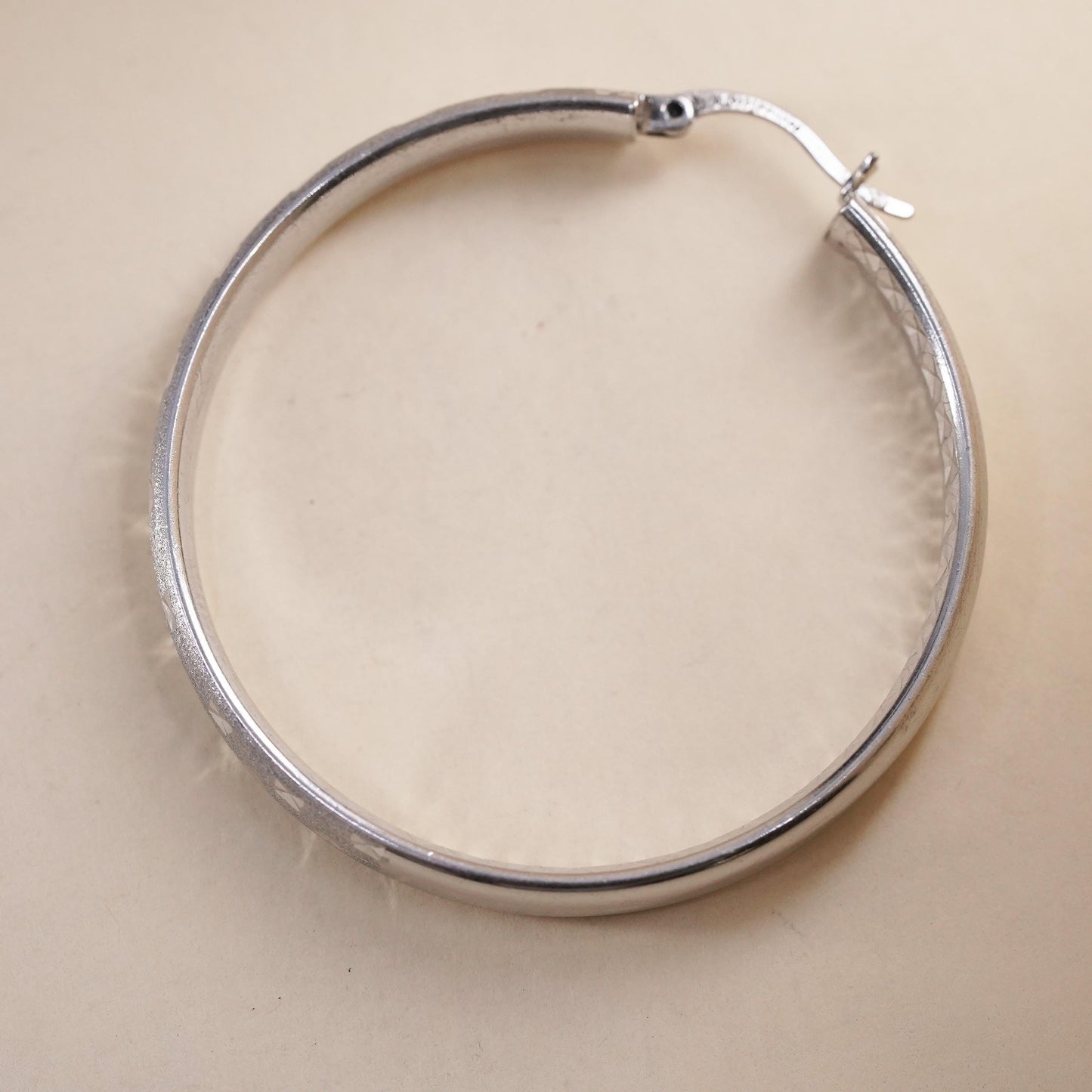 1.75", Vintage sterling silver loop single earring, flatten wide textured hoop