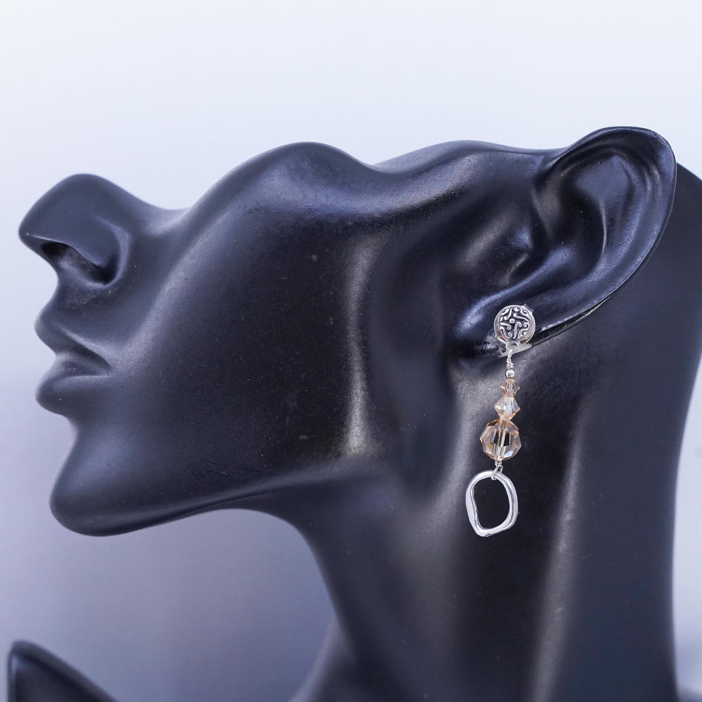 Vintage Sterling 925 silver handmade textured oxidized earrings orange crystal