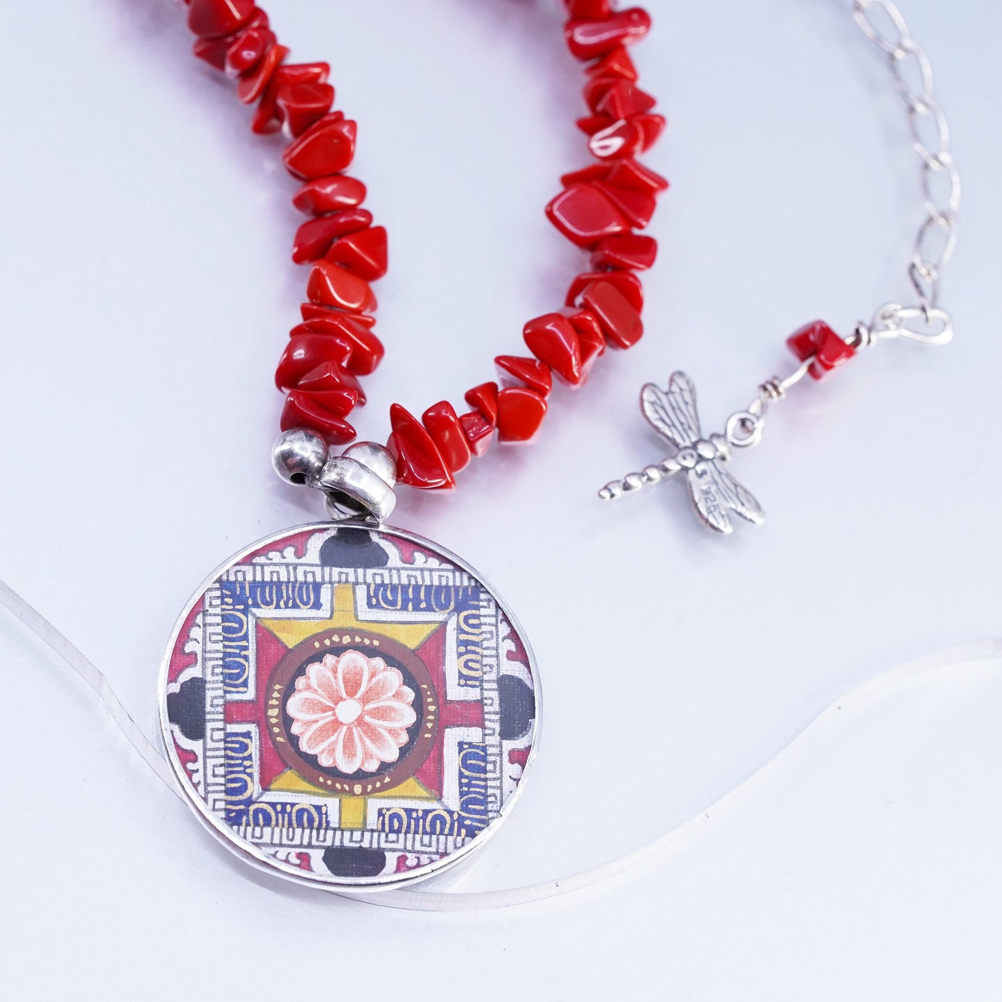 15+2", southwestern Sterling Silver 925 Necklace coral Beads and circle pendant