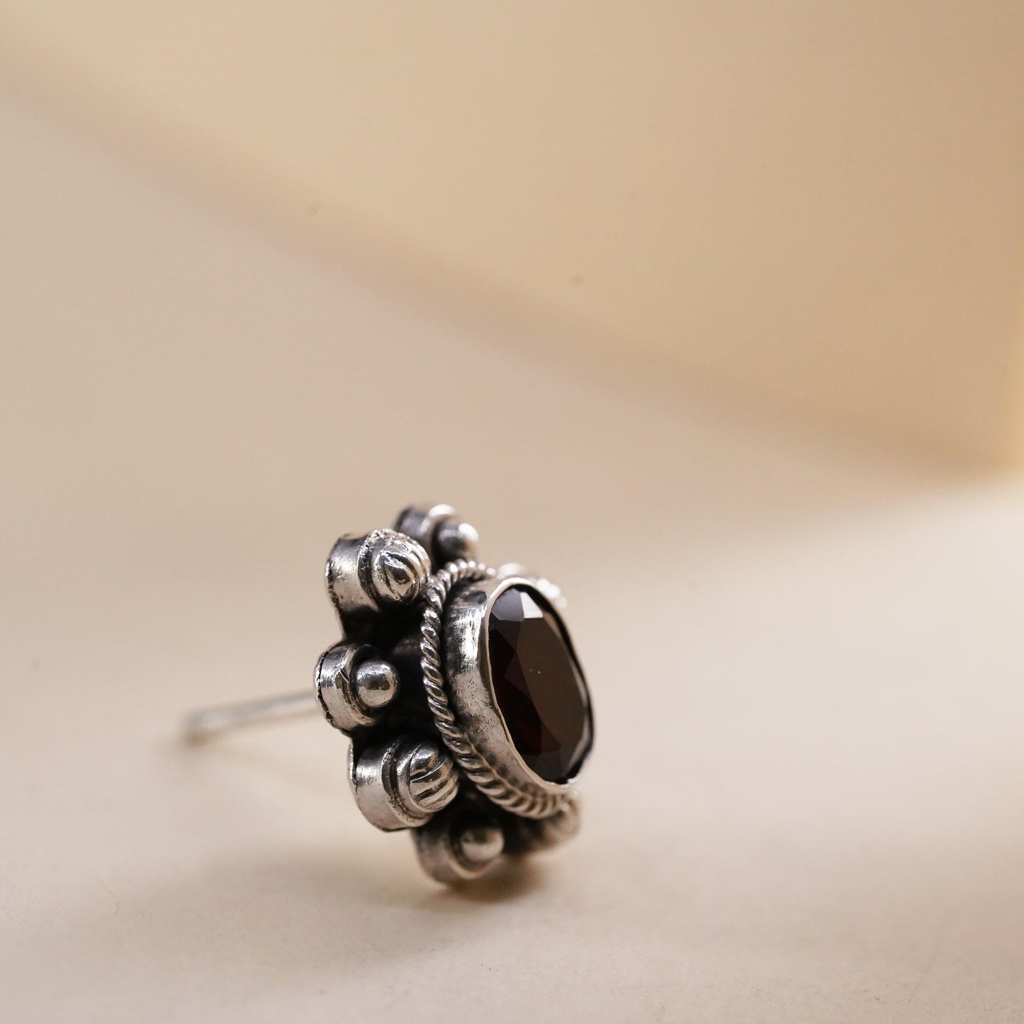 Vintage handmade single earring. Sterling 925 silver stud with garnet