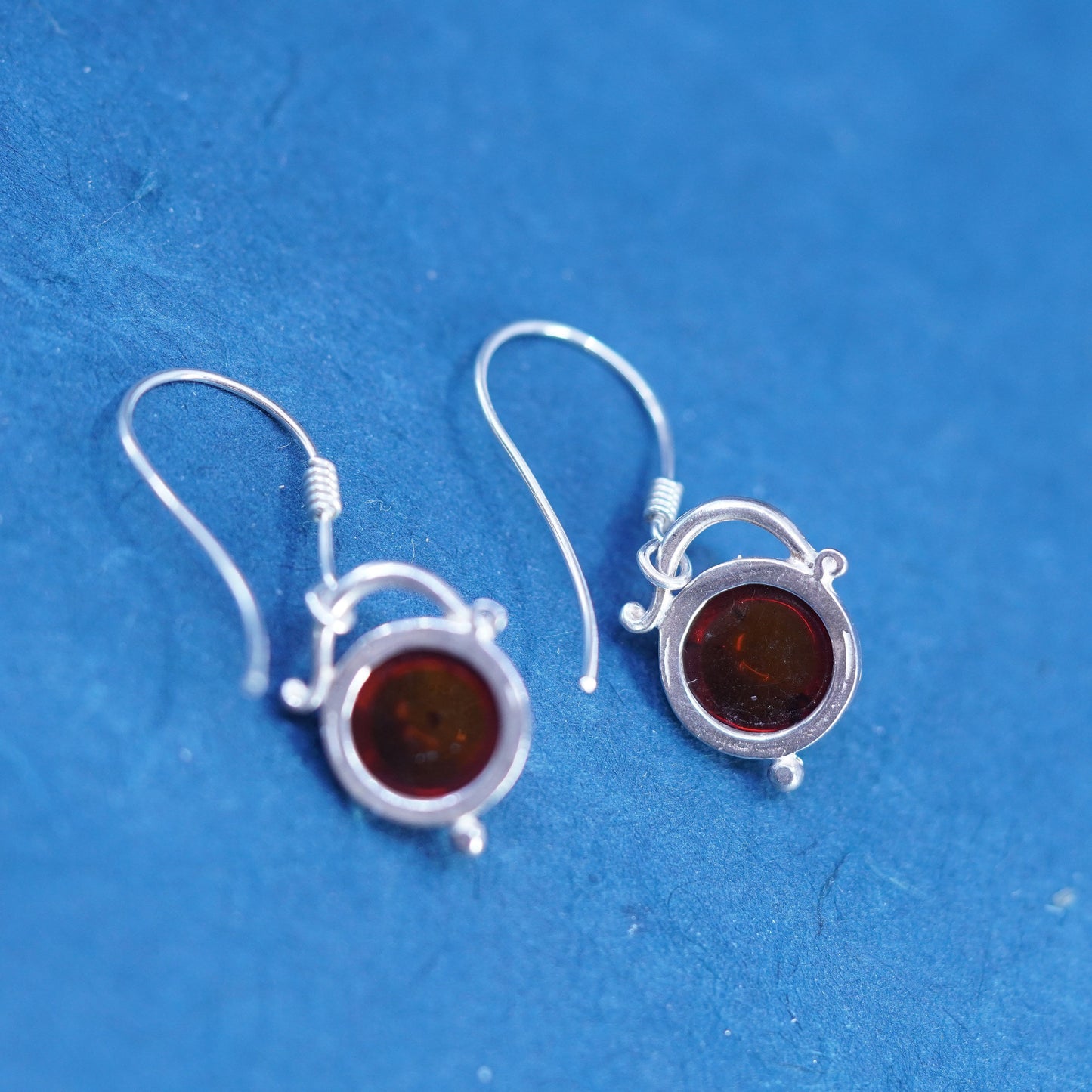 Vintage sterling 925 silver handmade earrings with round amber