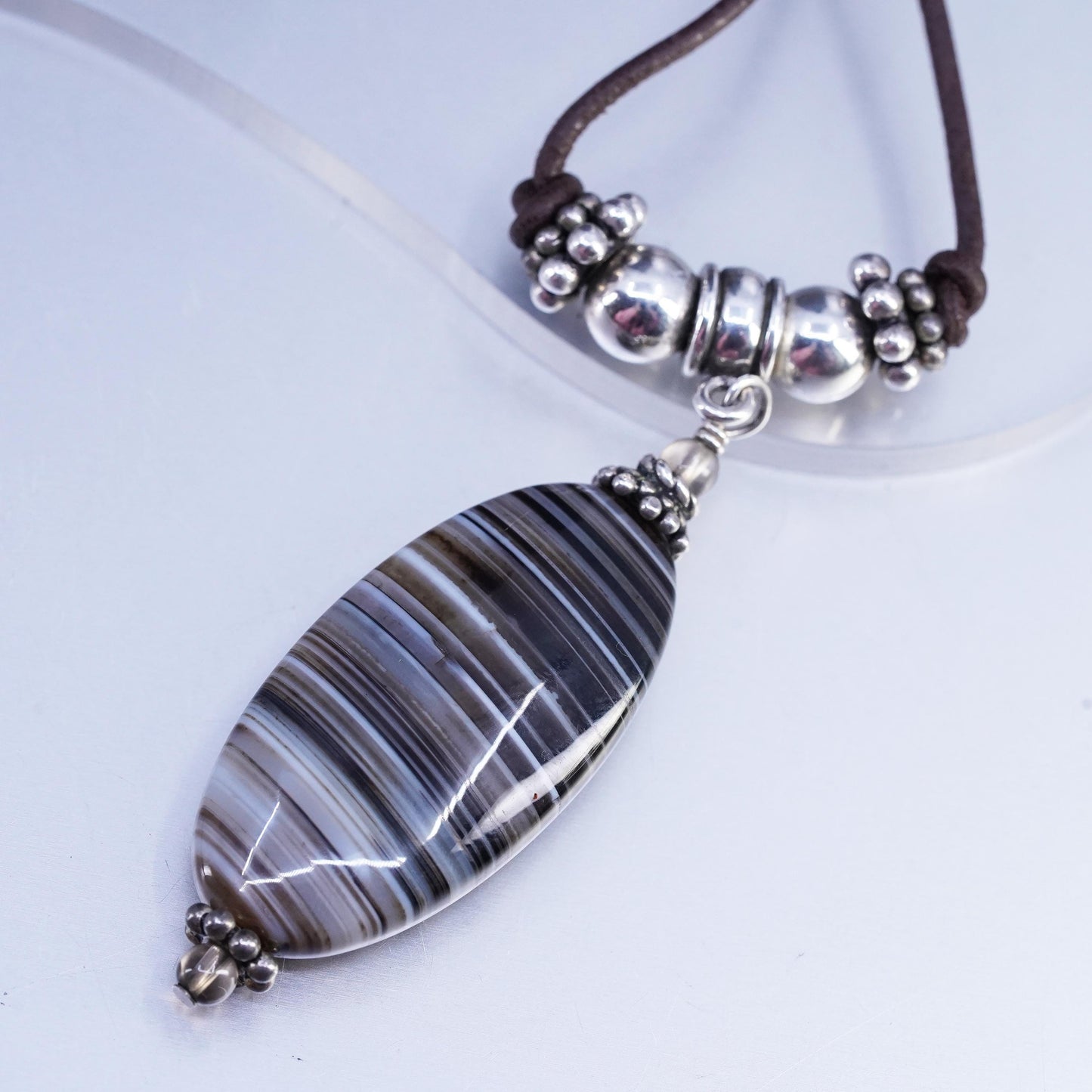 16", vintage 925 Sterling Silver Handmade brown Leather Necklace agate pendant