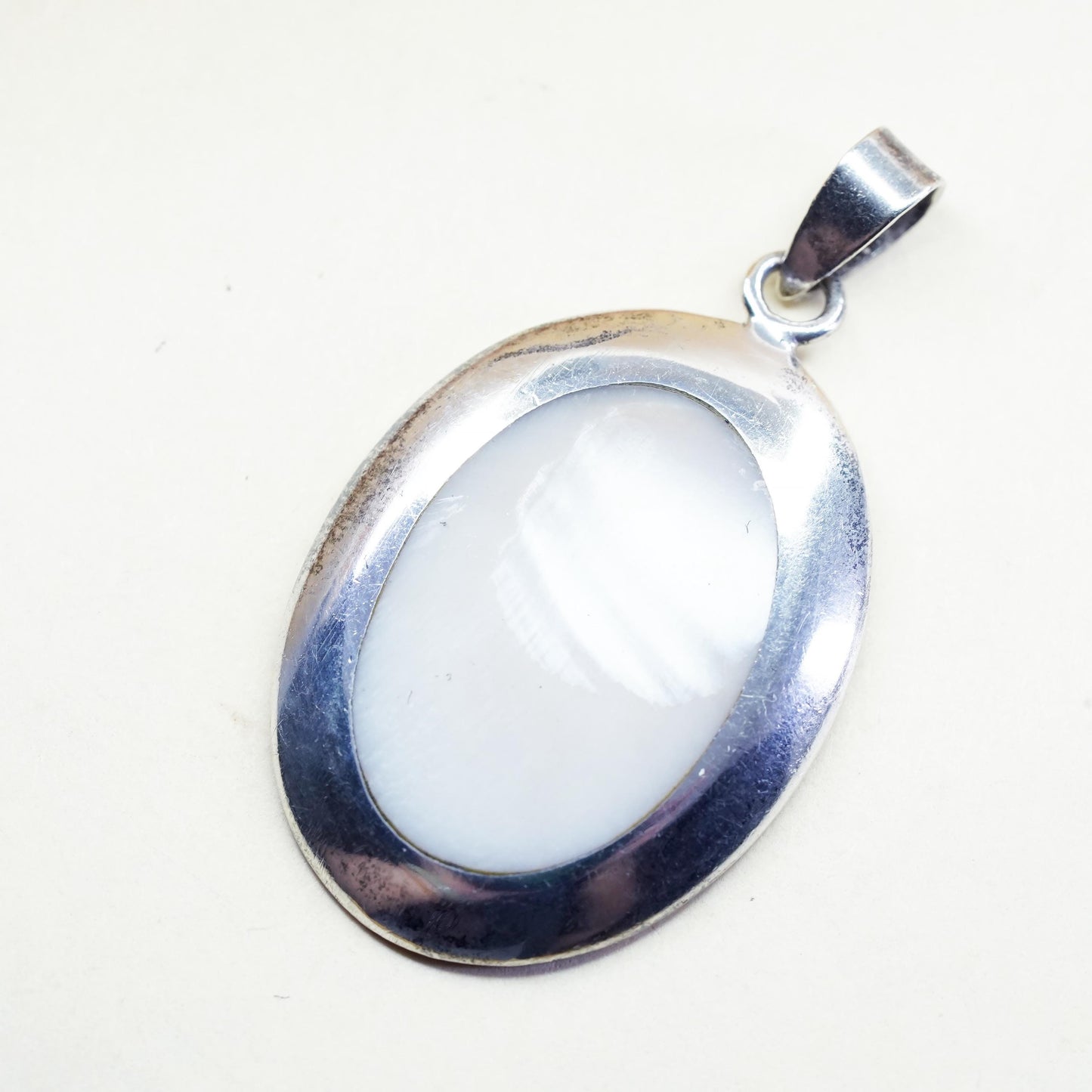 Vintage sterling silver handmade pendant, 925 oval pendant with mother of pearl