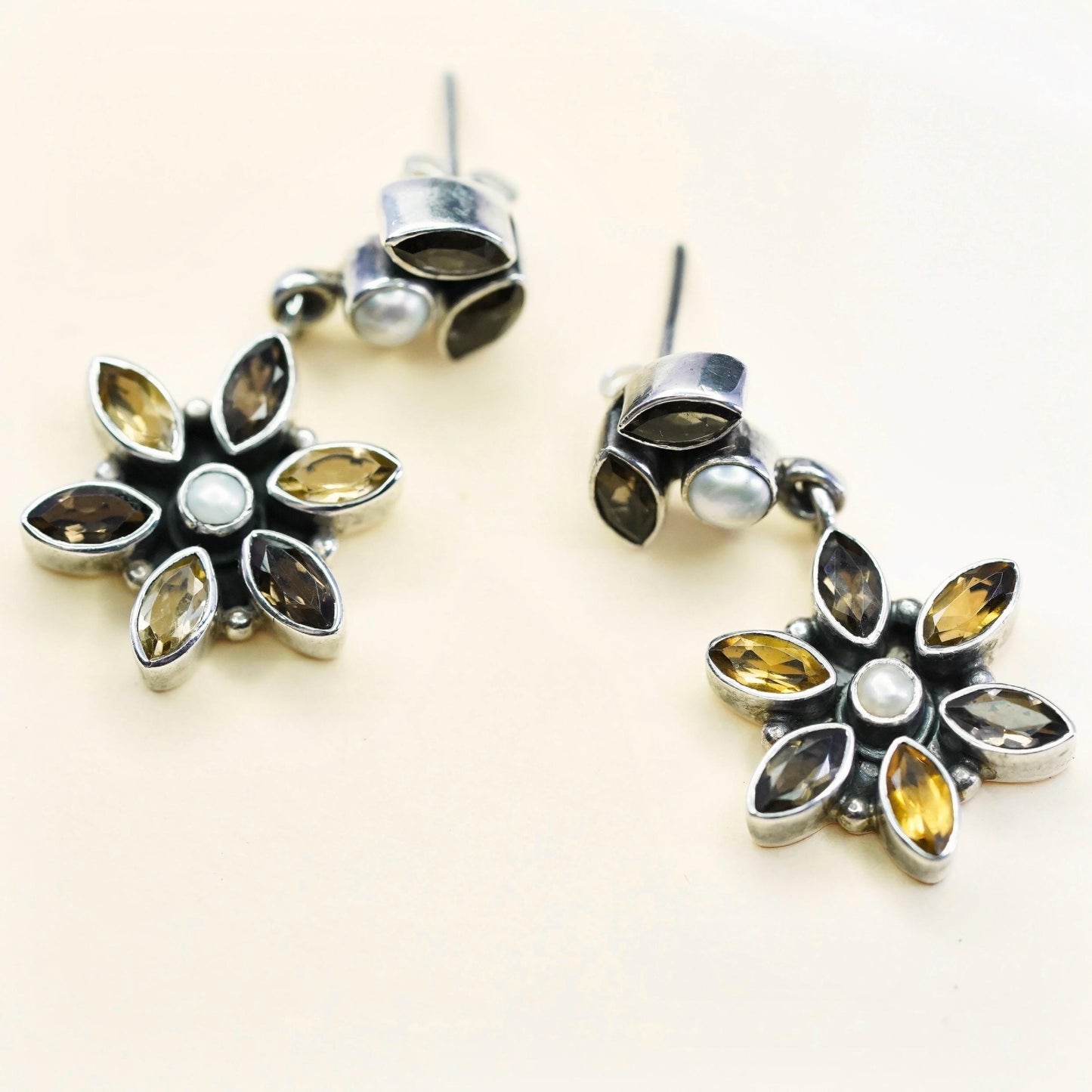 Sterling silver earrings, 925 multi gemstones flower citrine pearl smoky quartz