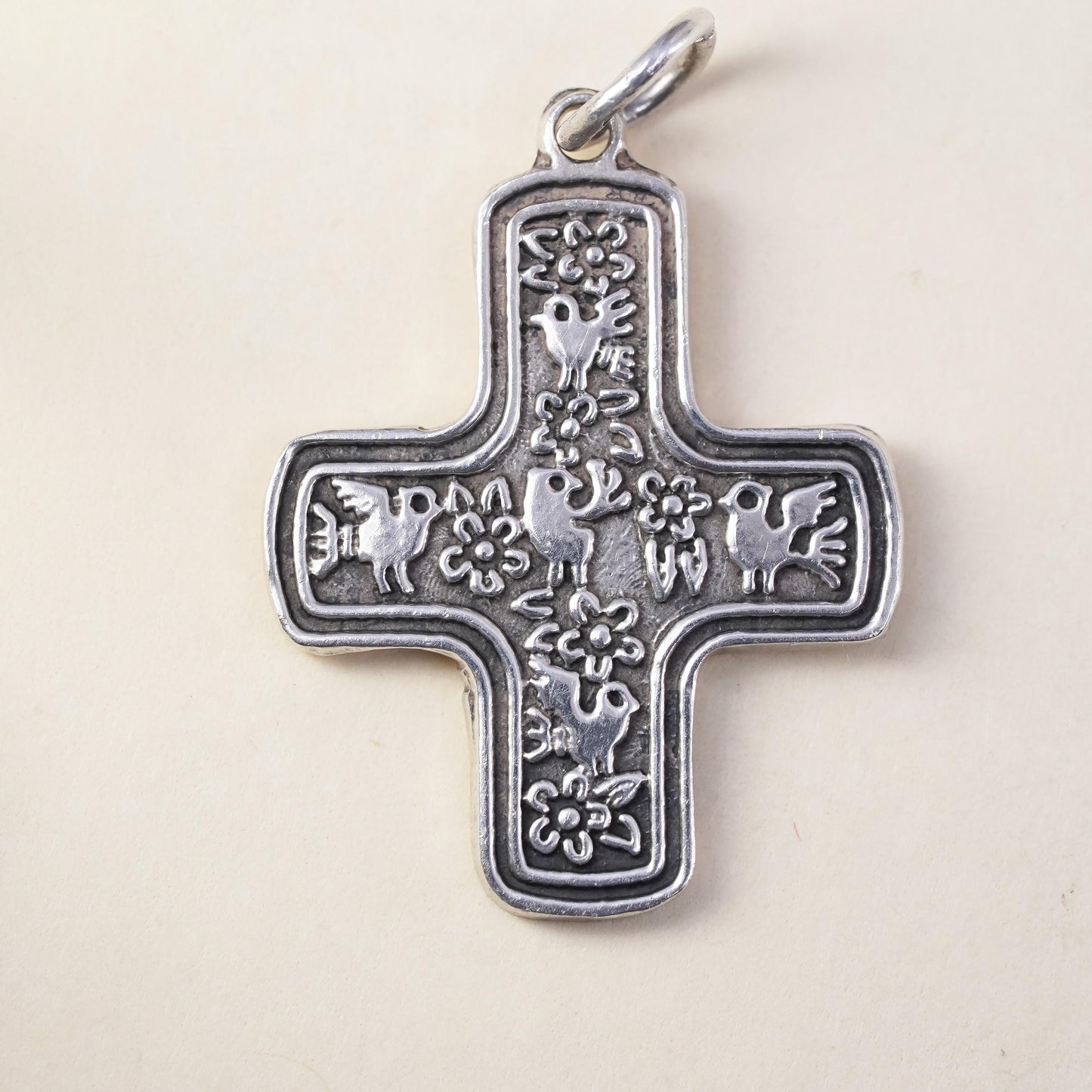 Vintage handmade Sterling silver pendant, 925 cross charm with rose flower