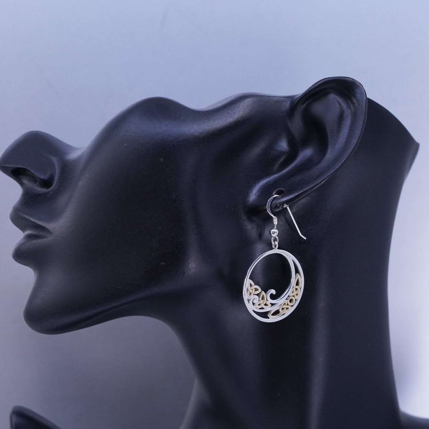 Irish Solvar two tone Sterling 925 silver filigree Celtic knot circle earrings