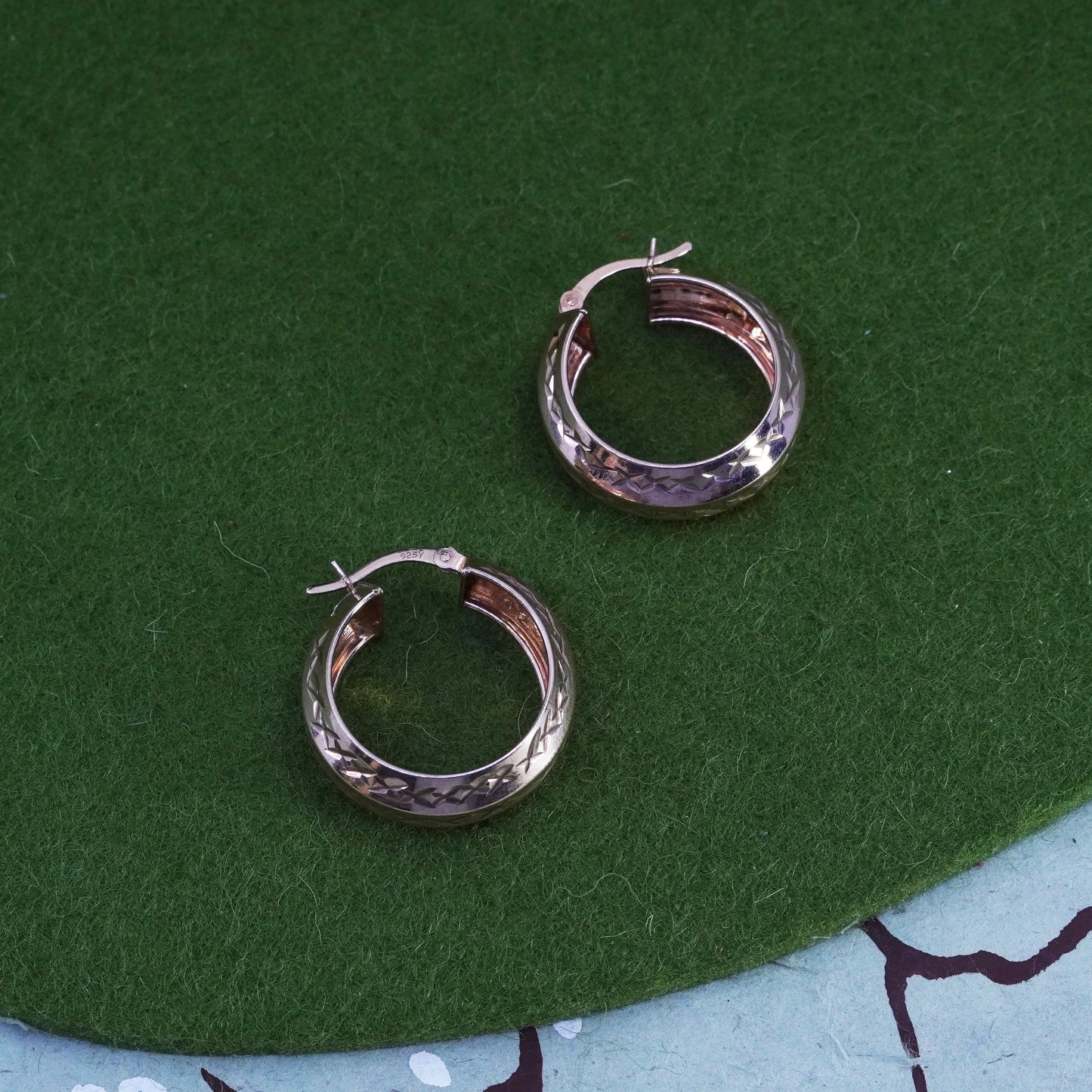 1”, vermeil rose gold over sterling 925 silver earrings, textured hoops huggie