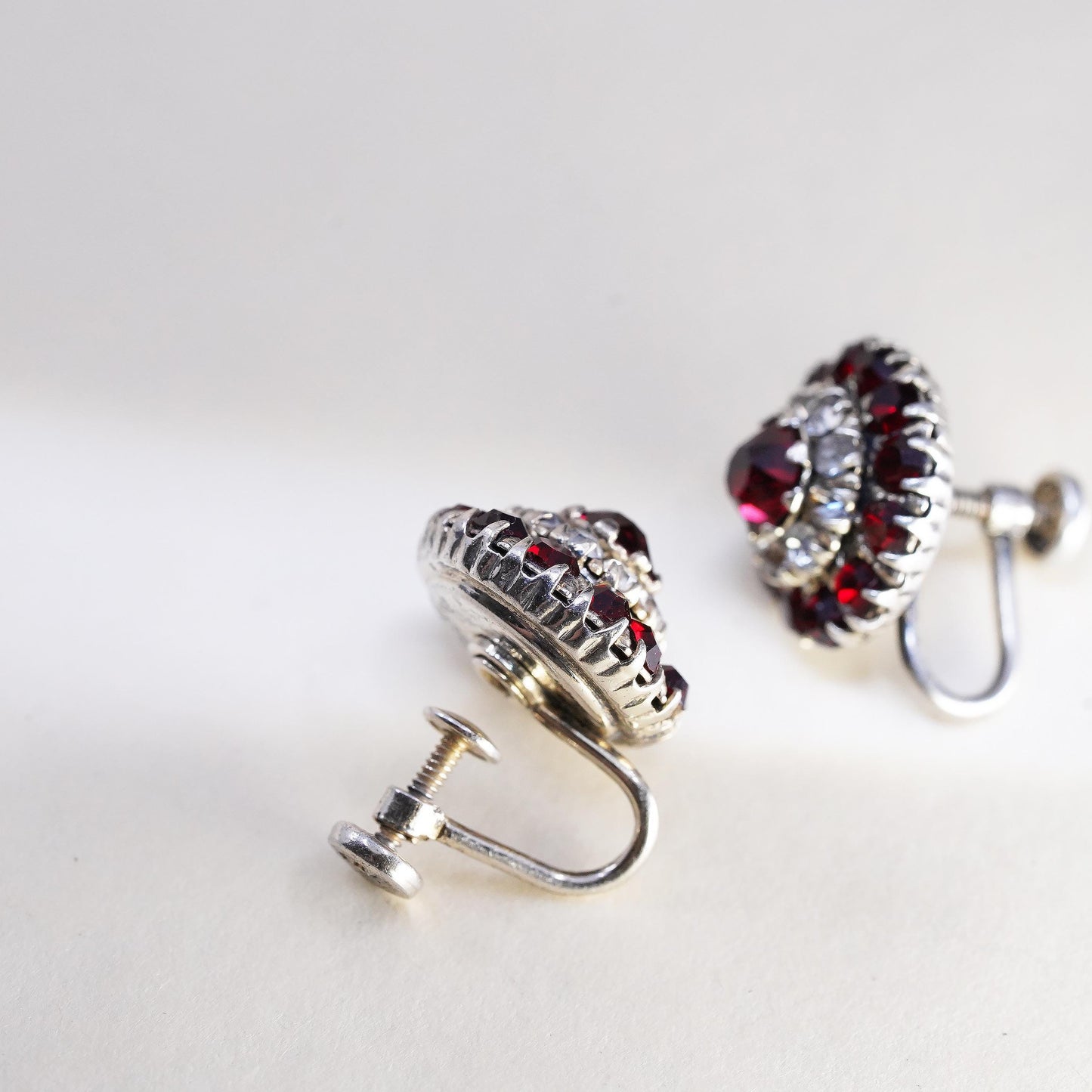 1950s VTG 925 Sterling Silver Garnet Red Rhinestone Screw Back Earrings, Retro