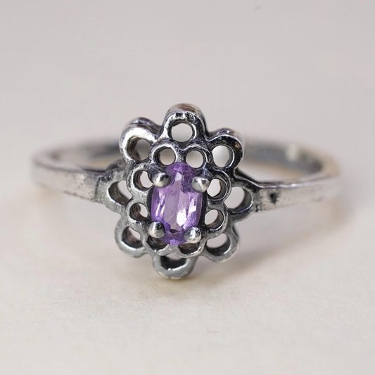 Size 7, vintage Sterling 925 silver handmade crown ring with amethyst