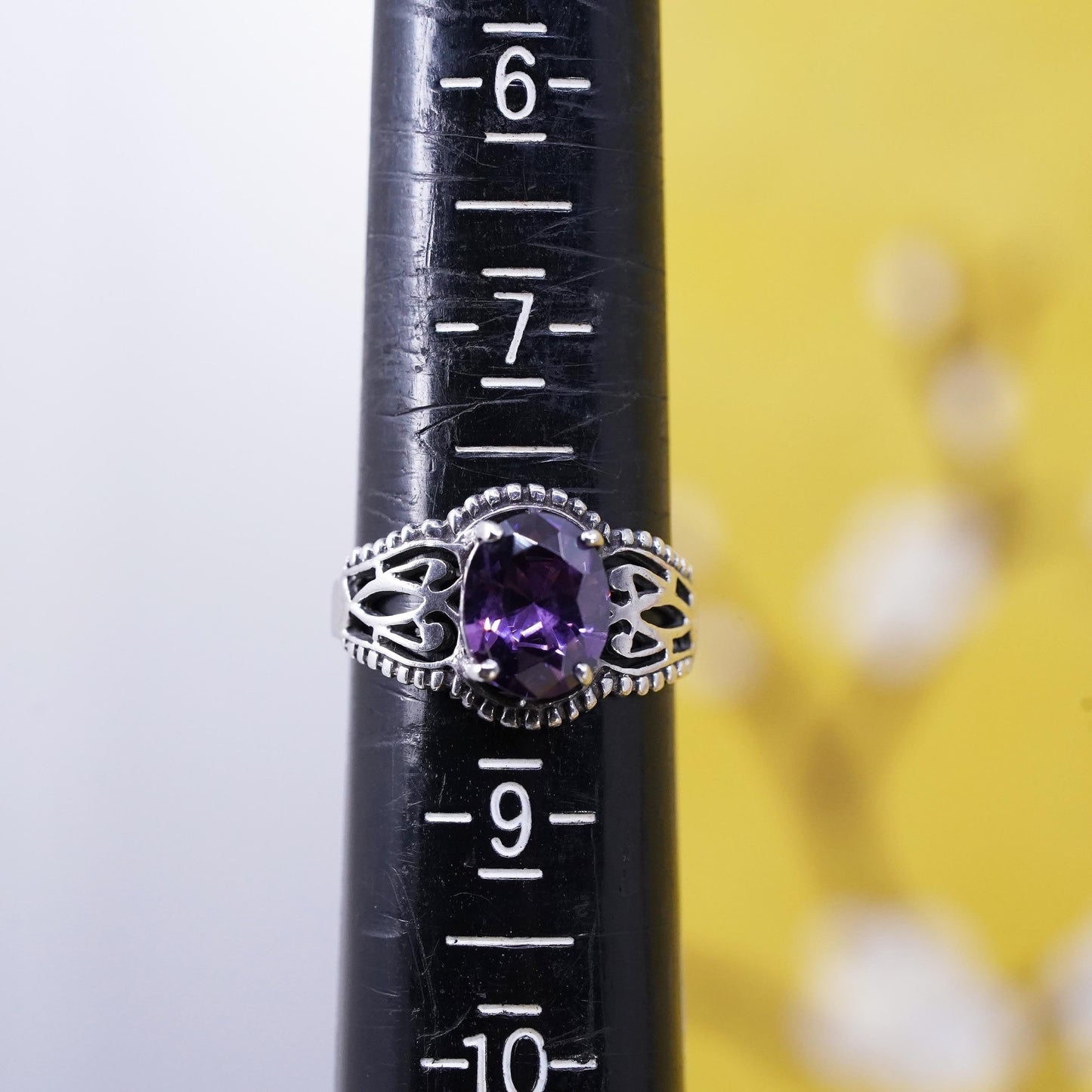 Size 8, Vintage Sterling Silver Handmade ring, 925 filigree band with amethyst