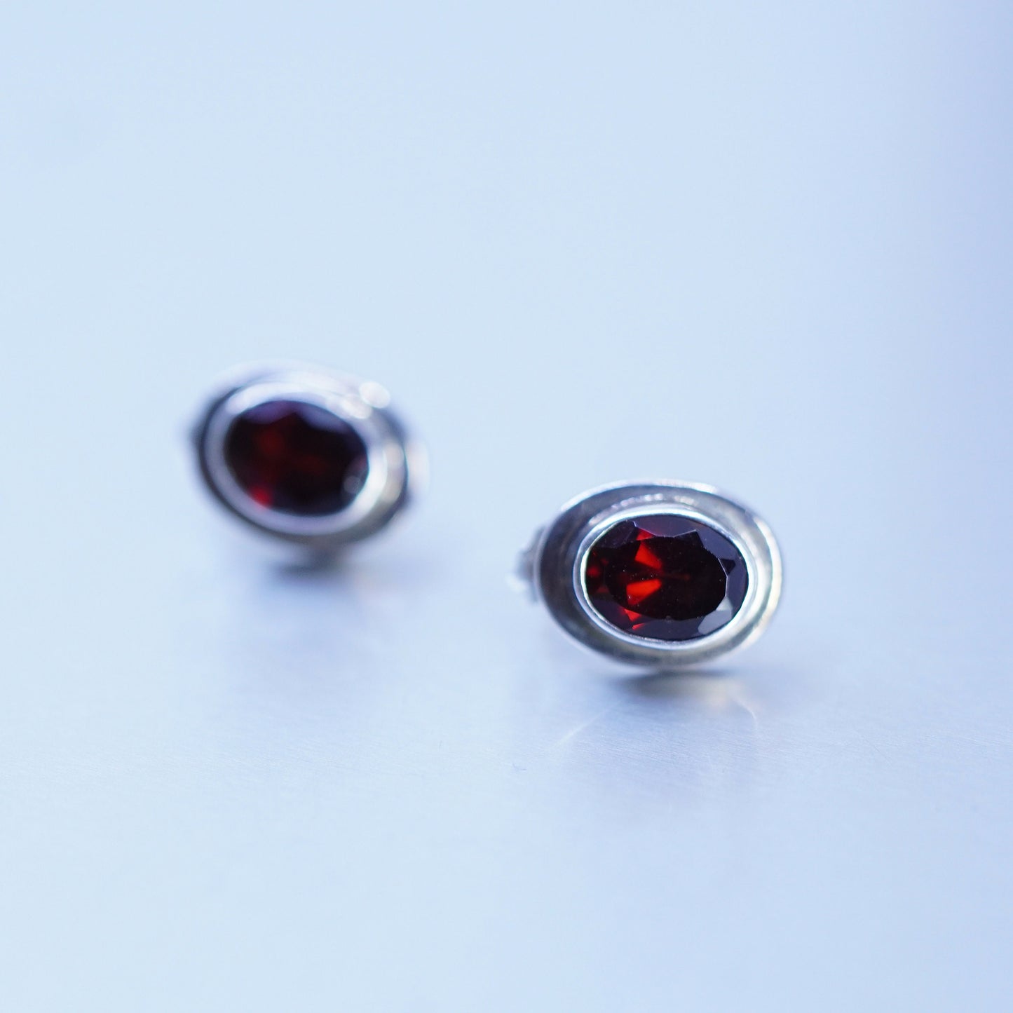 Vintage Sterling 925 silver handmade earrings, oval studs with ruby