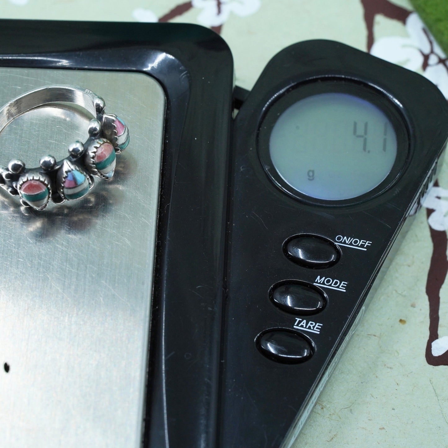 Size 5.75, Native American Zuni Sterling silver ring, 925 band turquoise coral