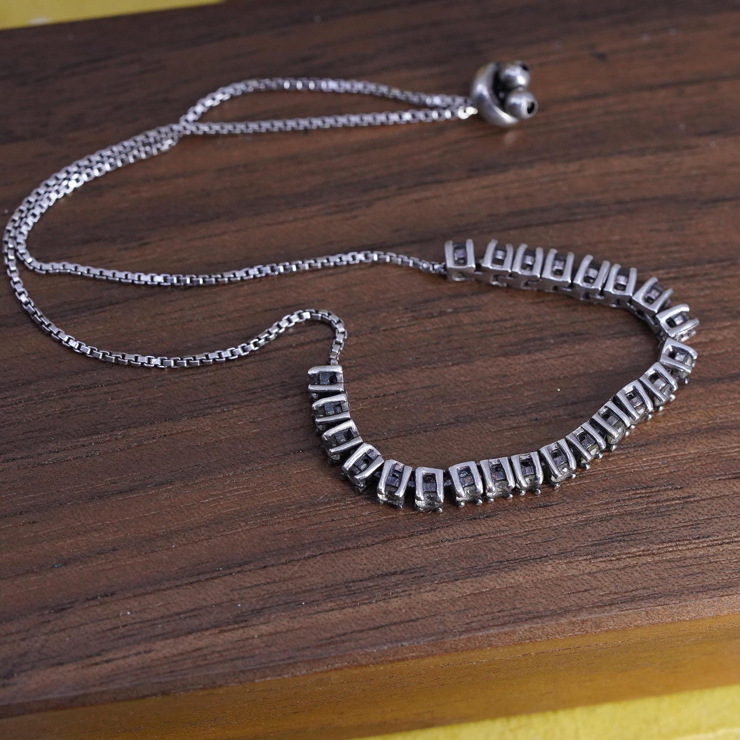 Size adjustable, VTG Sterling silver bracelet, 925 box link chain clear topaz