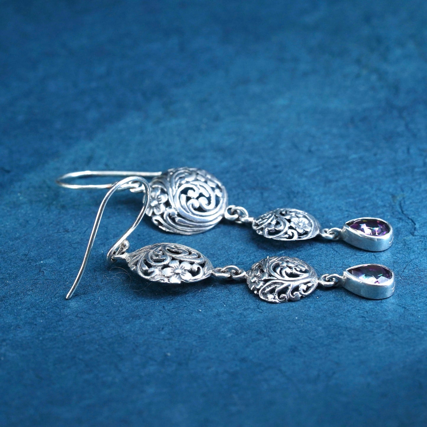 Sterling silver earrings, 925 filigree drops teardrop rainbow topaz