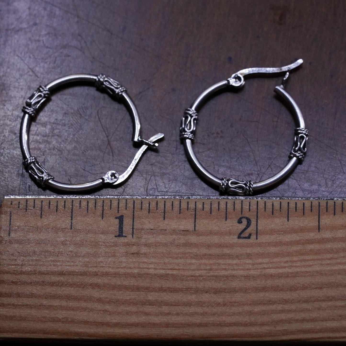 1", vintage Sterling silver handmade earrings, 925 hoops with wired details