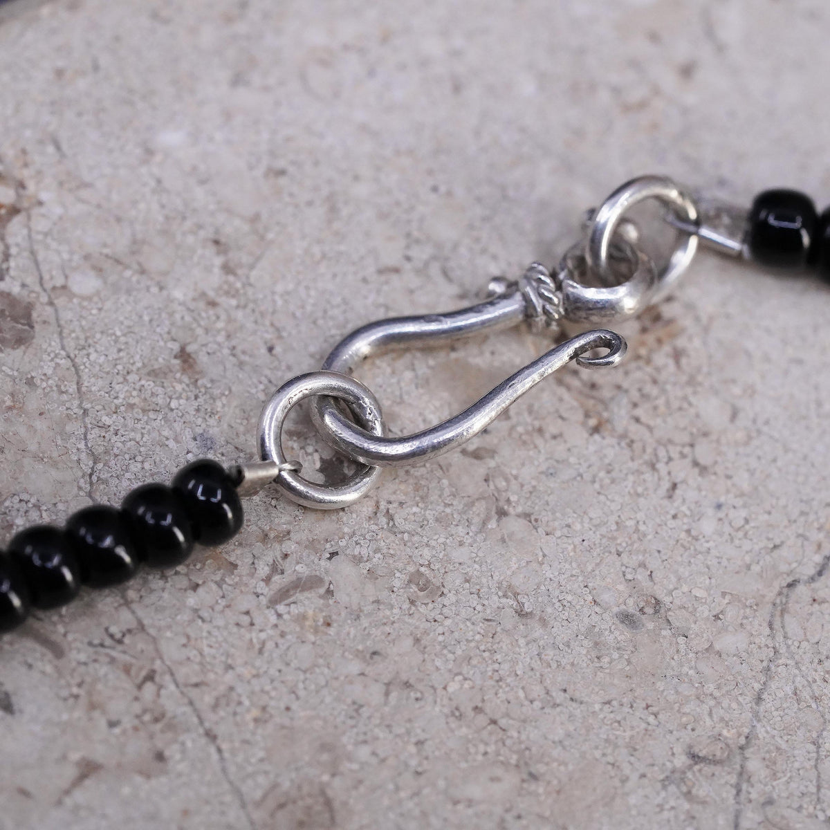 18", Sterling 925 Silver Beaded Necklace, Black Onyx, Ornate Sphere Pendant,