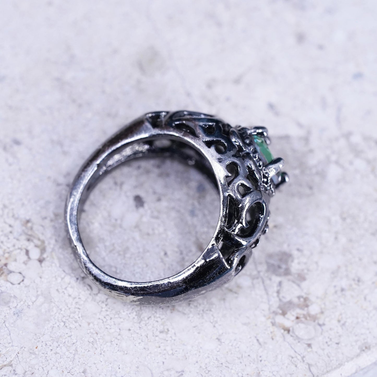 Size 5, vintage oxidized sterling 925 silver handmade ring with rainbow topaz