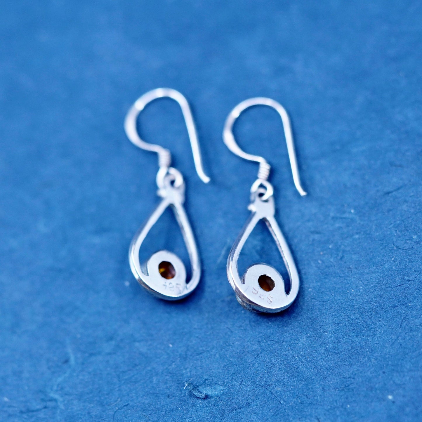 Vintage sterling silver handmade earrings, 925 teardrop with amber