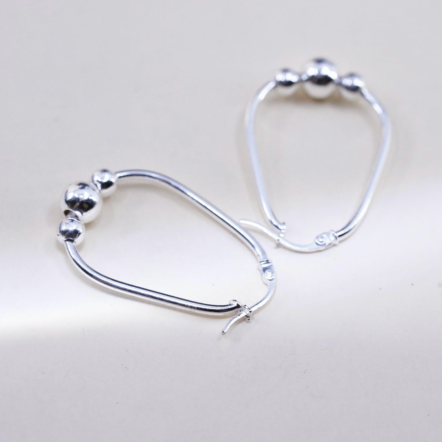 1.25”, Vintage sterling 925 silver loop handmade earrings, beaded oval hoops