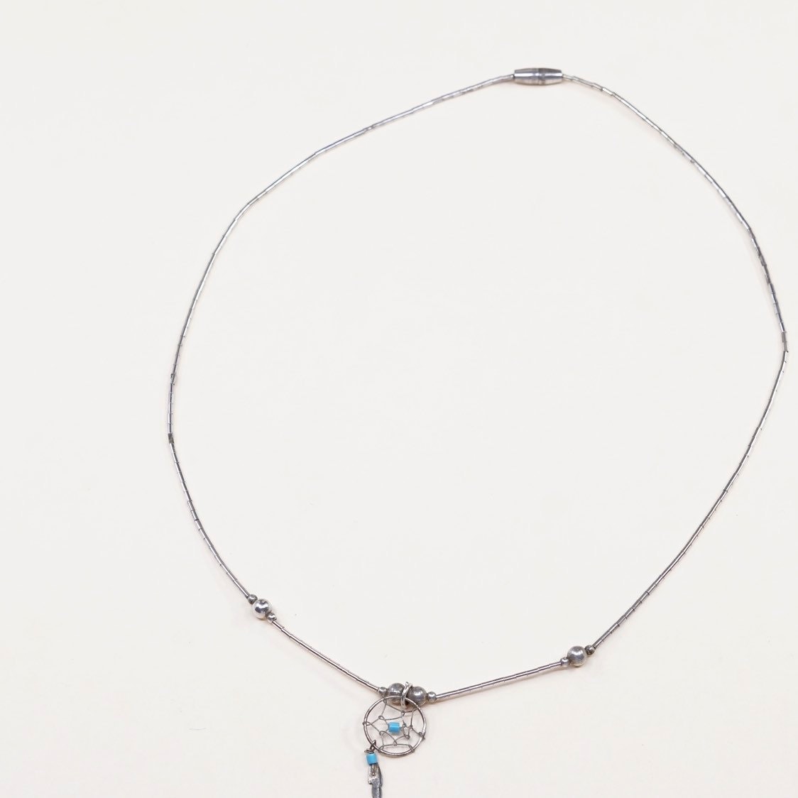 16", Vintage Native American Navajo Sterling silver handmade necklace, solid 925 silver liquid silver chain with turquoise feather pendant,