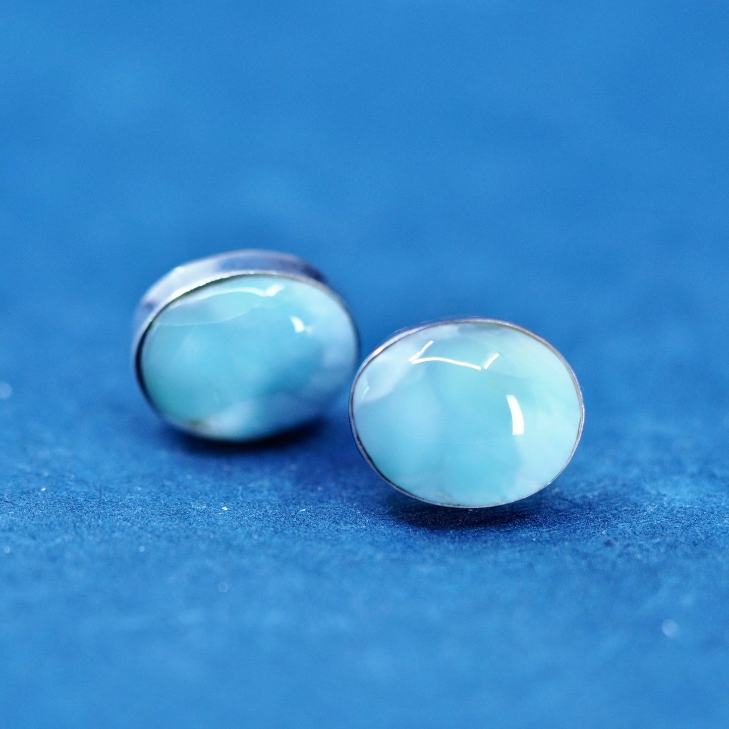 Vintage sterling silver handmade earrings, 925 oval studs with larimar Inlay