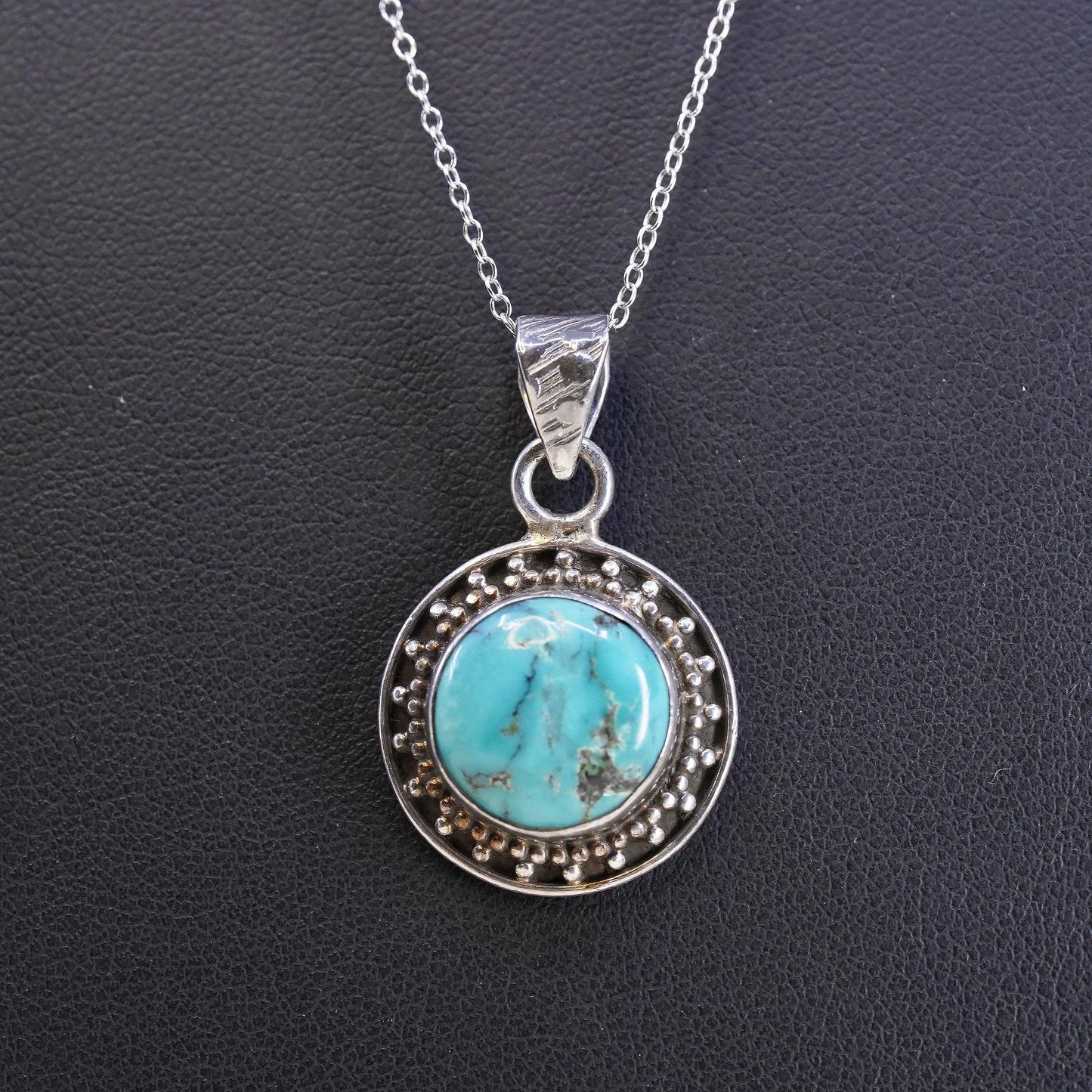 18", Southwestern Sterling silver necklace, 925 circle turquoise round pendant