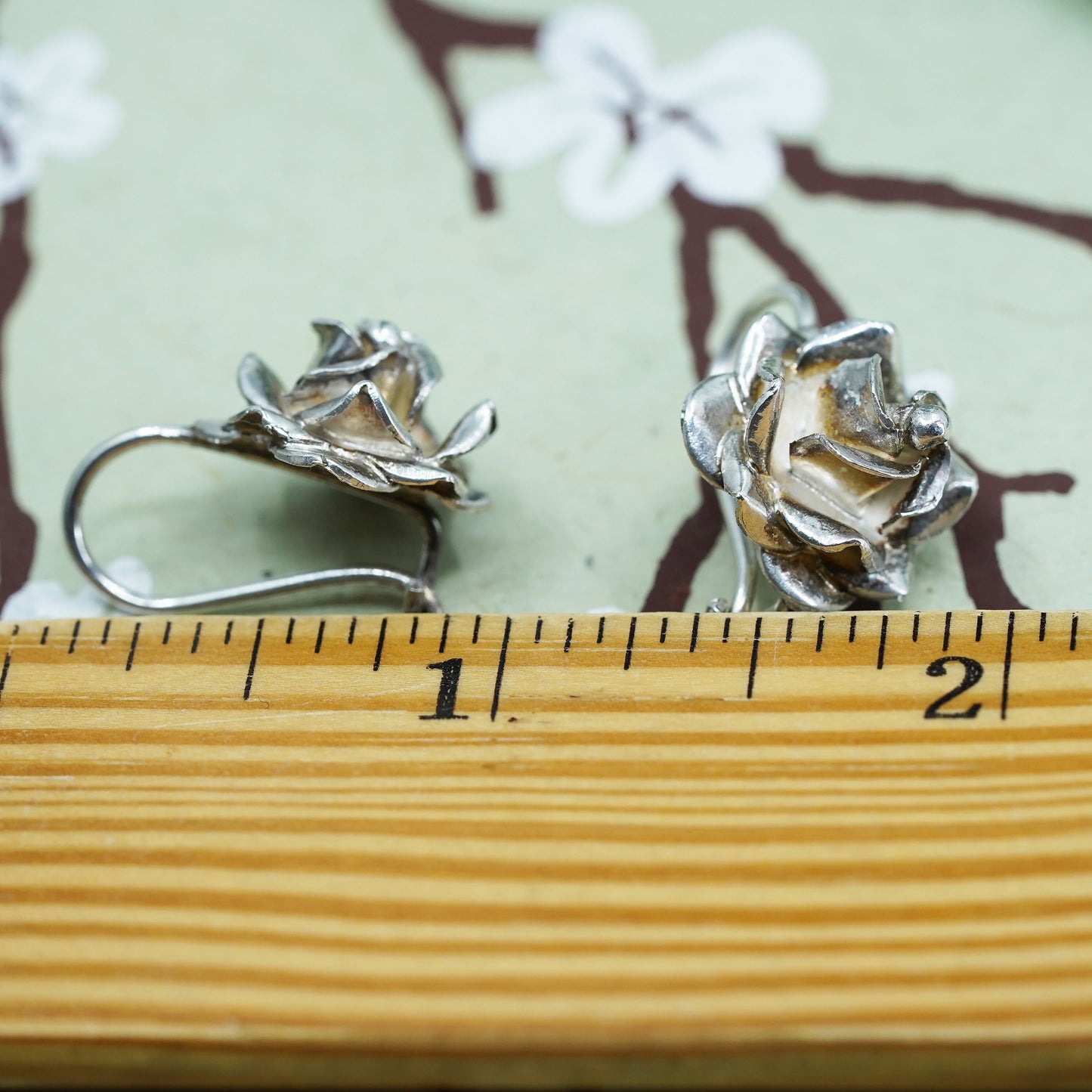 Vintage Mexican Sterling silver handmade earrings, rose flower dangles