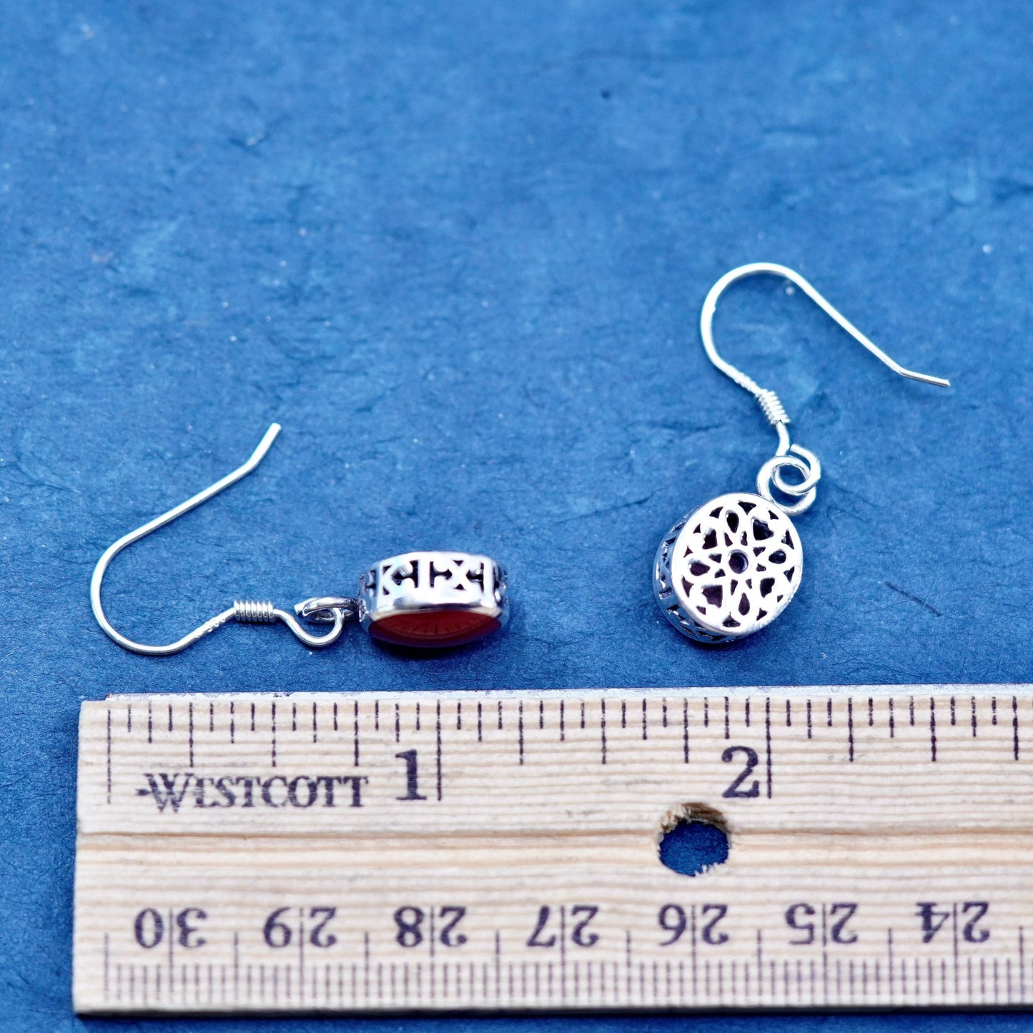 Vintage Sterling silver handmade earrings, 925 oval dangles w/ red enamel inlay