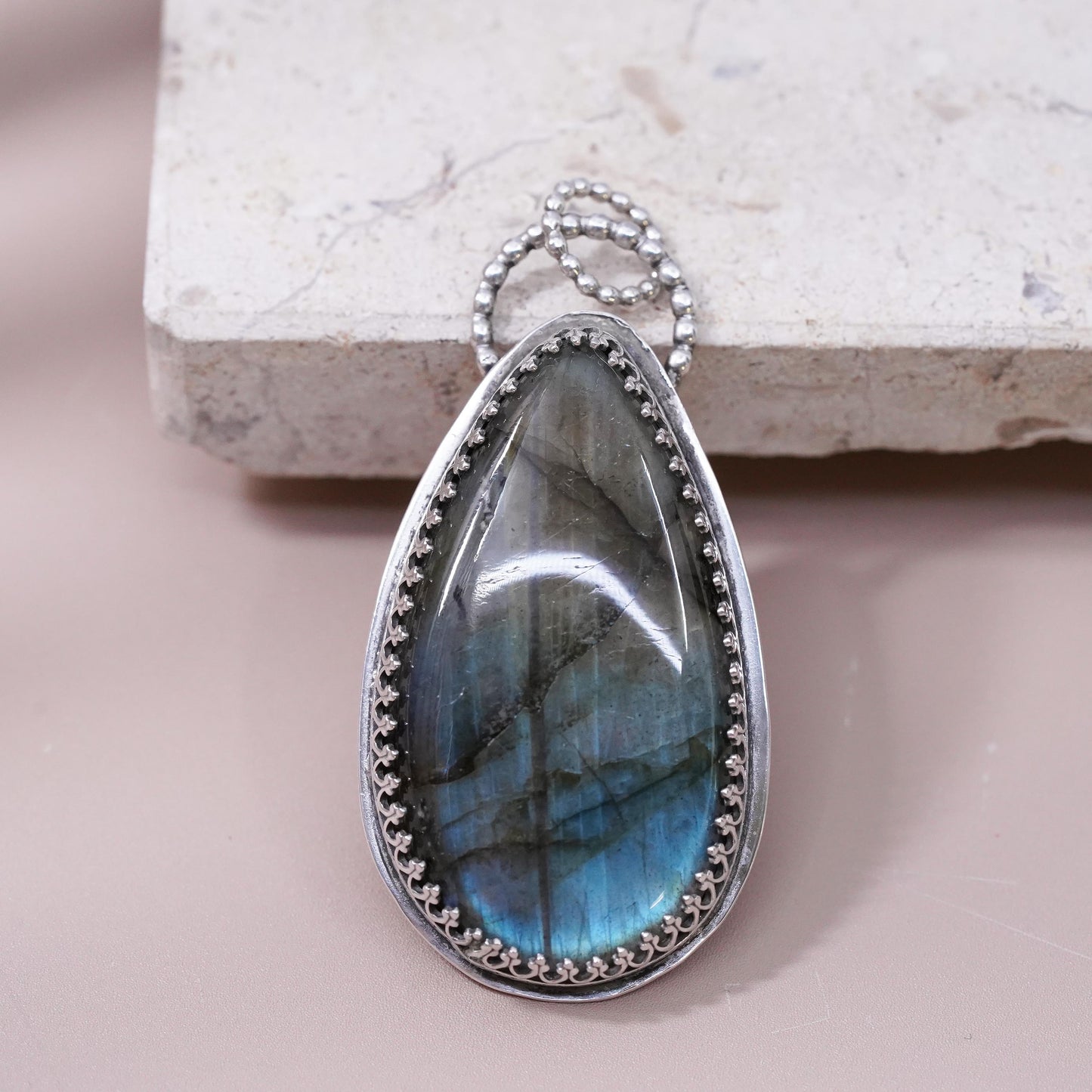 Vintage Sterling silver handmade pendant, 925 teardrop with labradorite