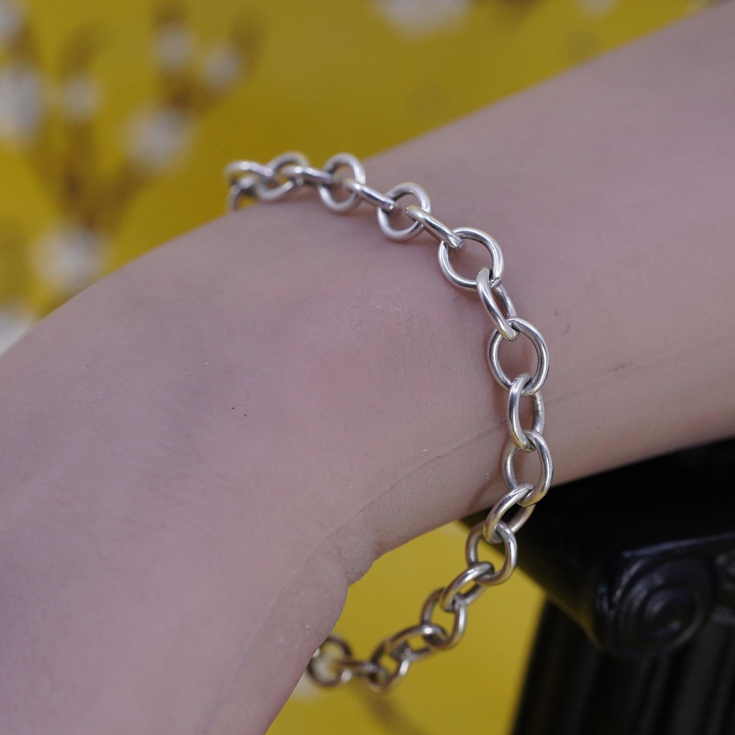 6.75” 7mm, Vintage sterling silver bold circle bracelet, 925 chain