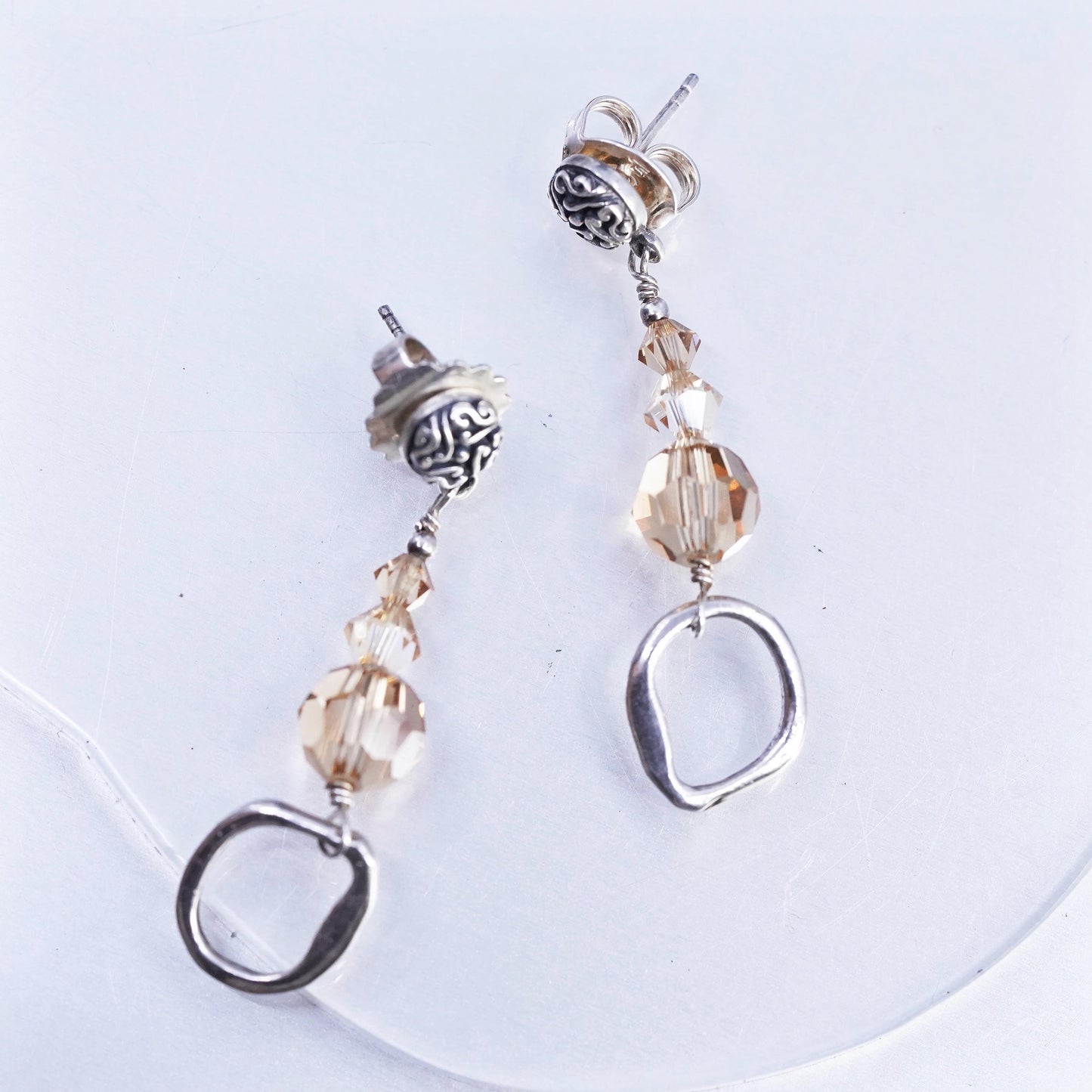 Vintage Sterling 925 silver handmade textured oxidized earrings orange crystal