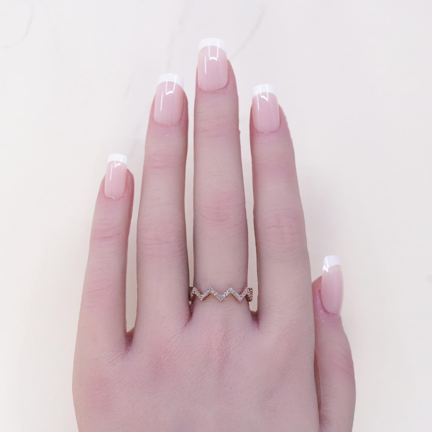 Size 7.25, vermeil rose gold Sterling silver ring, 925 zigzag band cluster Cz