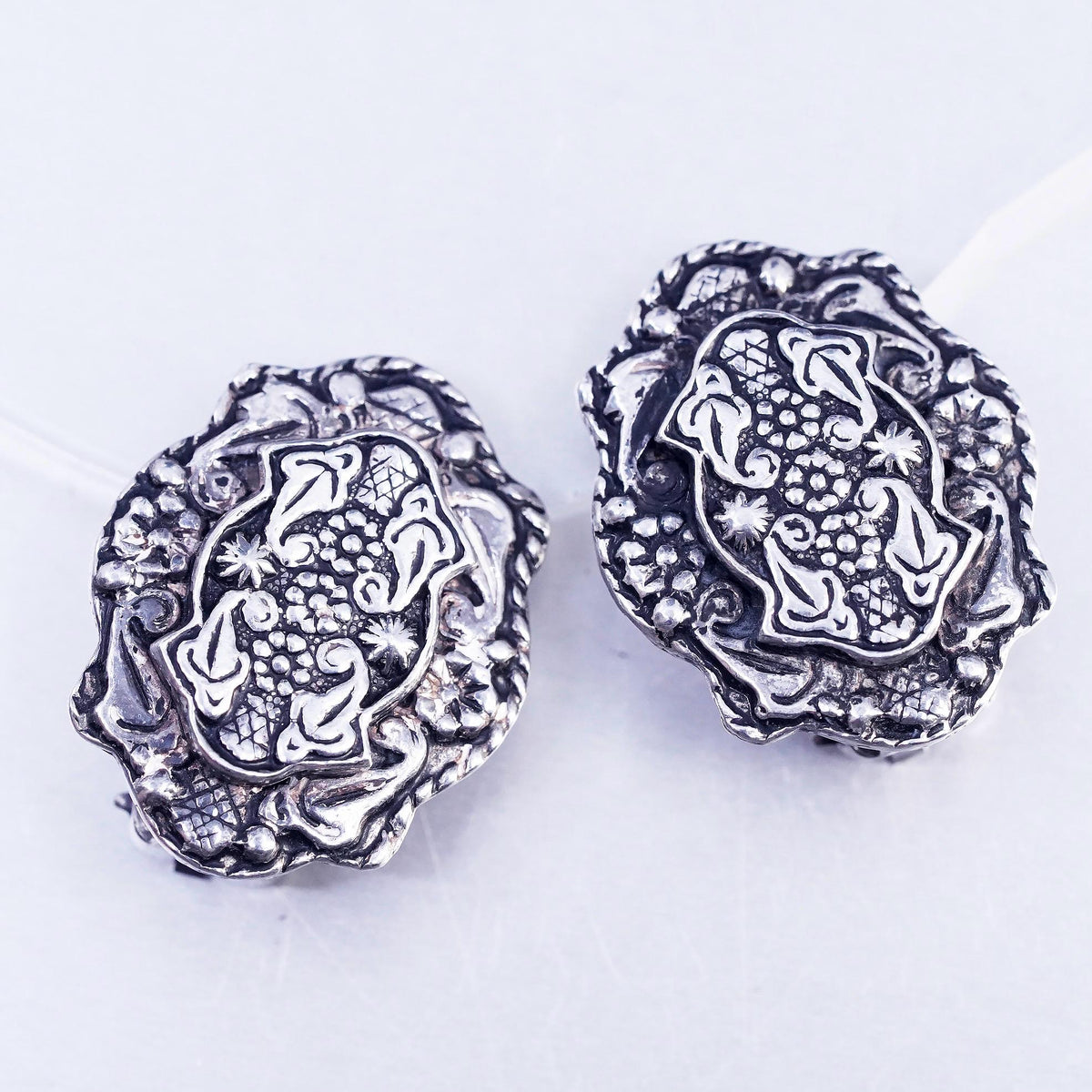 VTG Sterling 925 Silver Ornate Clip On, Floral Scroll Statement Earrings