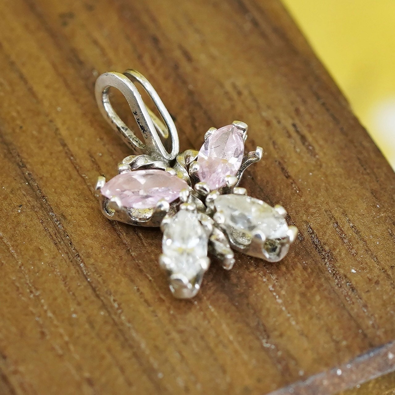 Vintage Sterling silver 925 handmade pendant with pink crystal butterfly