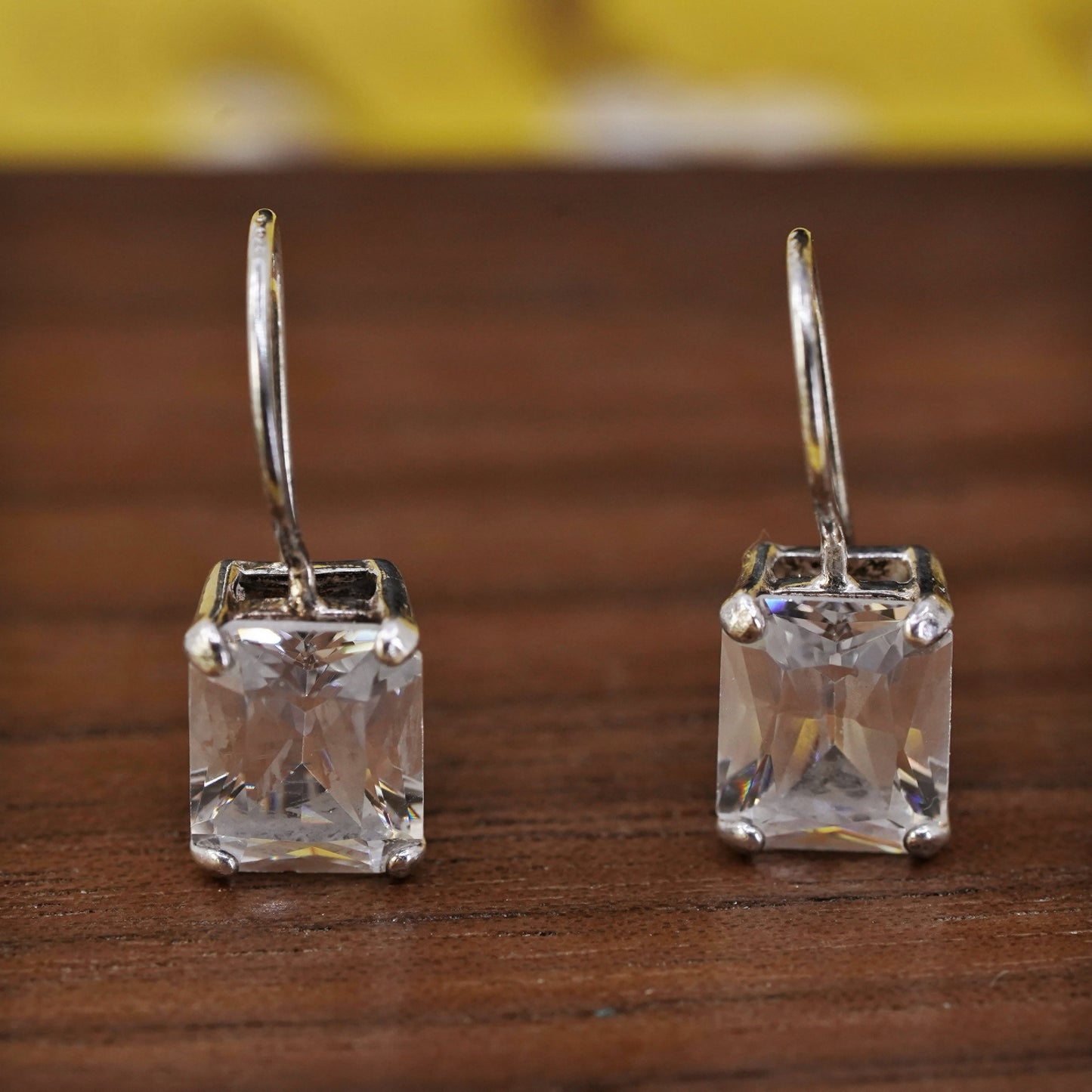 Vintage Sterling 925 silver handmade earrings with rectangular cut CZ