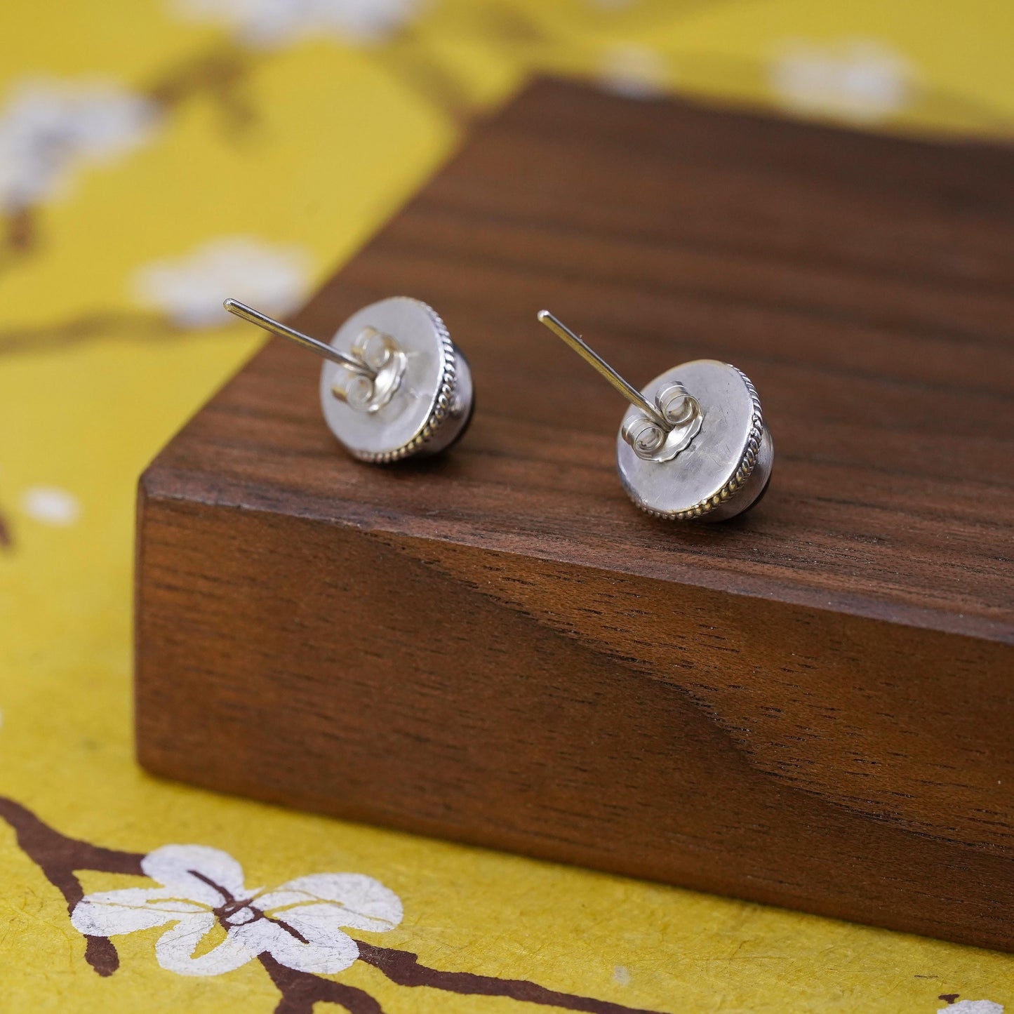 Vintage Sterling silver handmade earrings, 925 studs with star sapphire