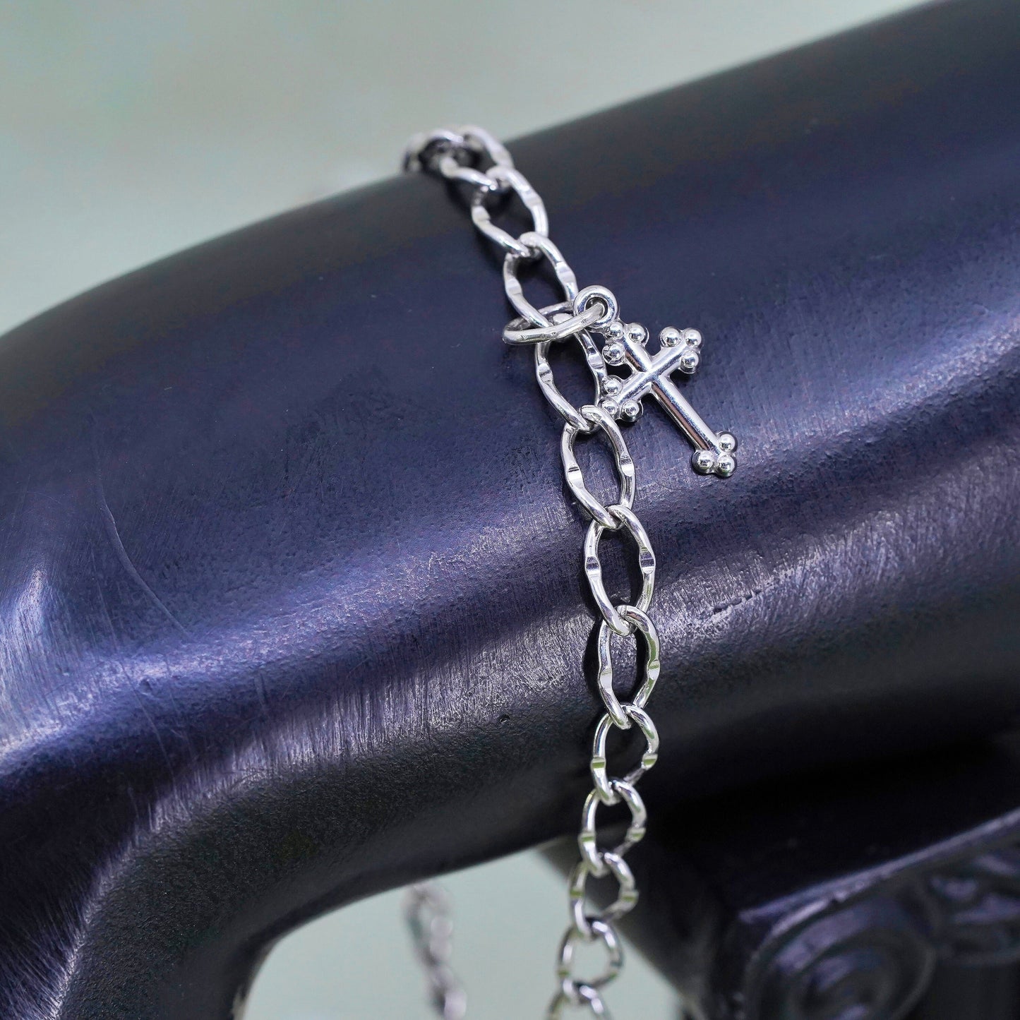 6.75”, sterling 925 silver twisted curb bracelet and cross double heart charms