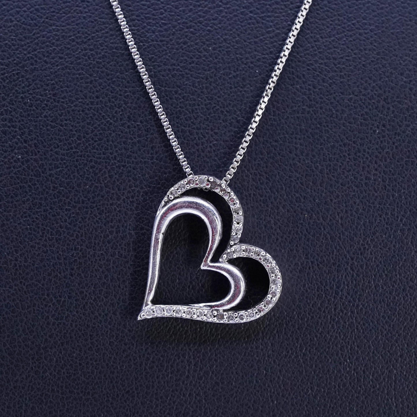 18", vintage Sterling 925 silver handmade box necklace diamond heart pendants