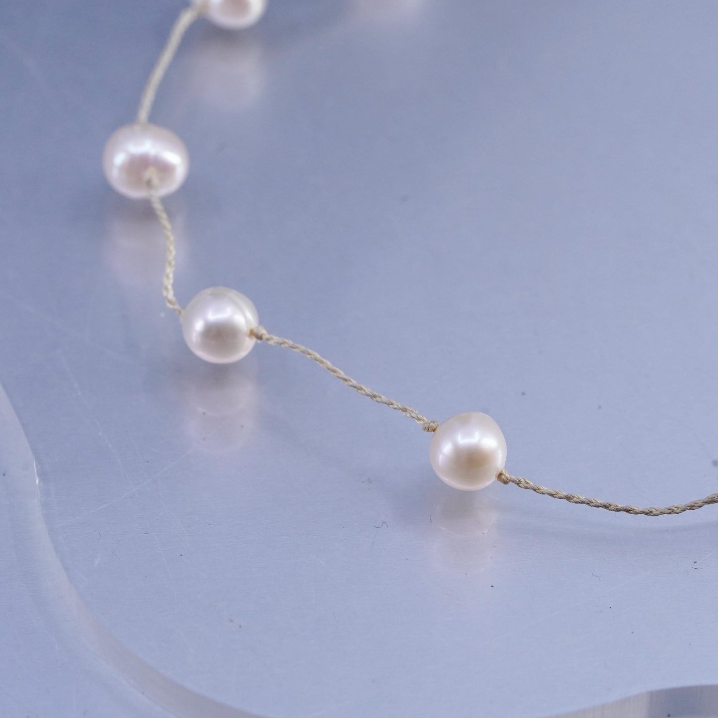 16" Vintage Sterling 925 silver necklace with 8mm freshwater Pearl linen thread