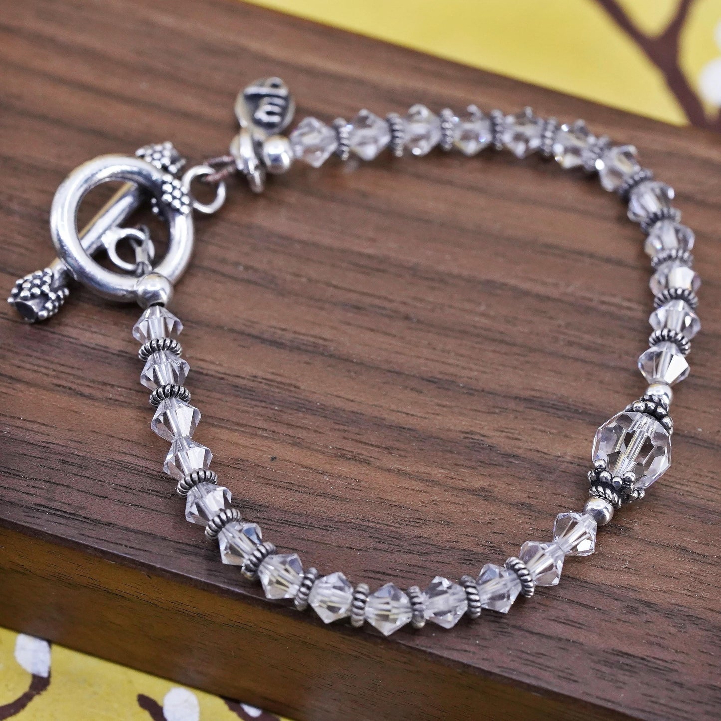 6.75”, MB Sterling silver bracelet, 925 beads with crystal and toggle closure