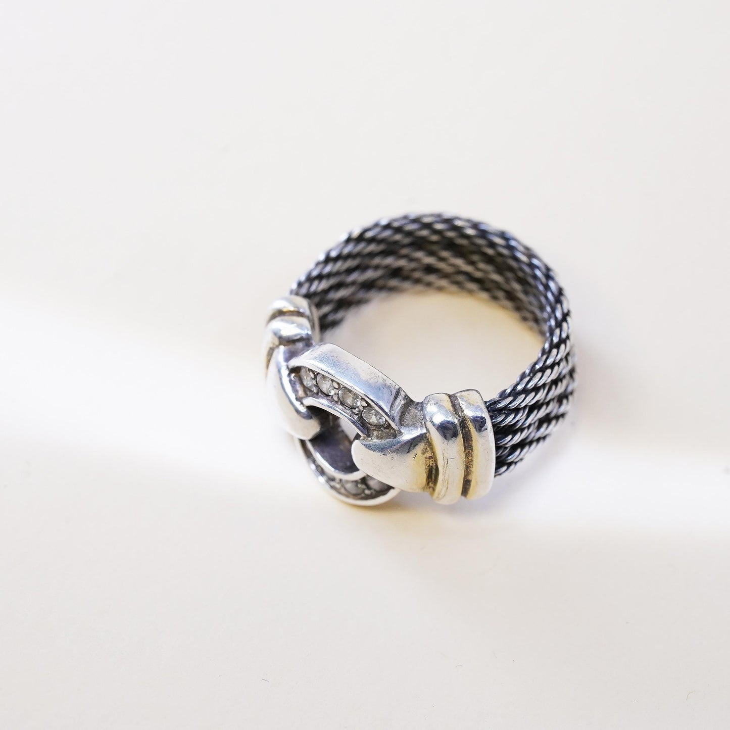 Size 9, Vintage sterling silver statement ring, 925 cable belt band cluster cz