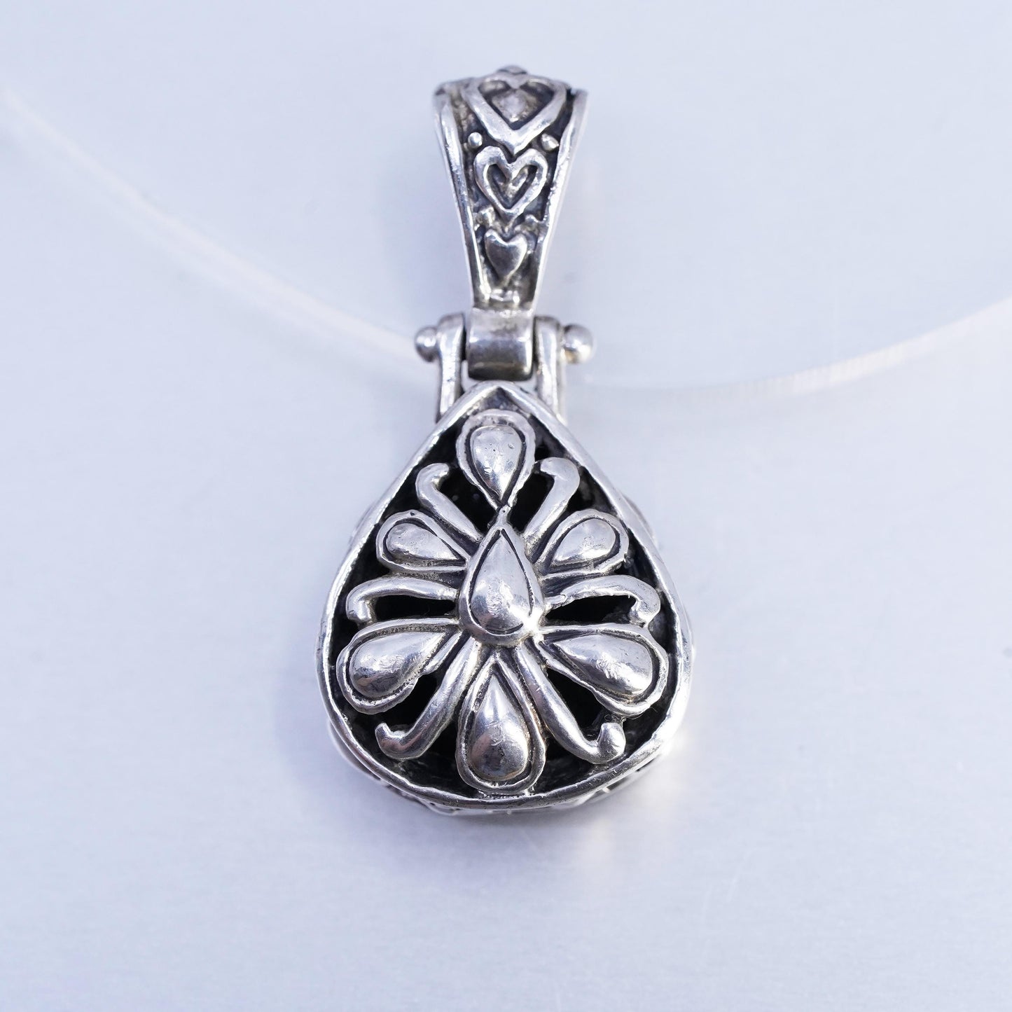 Vintage Bali sterling 925 silver double sided filigree teardrop pendant onyx