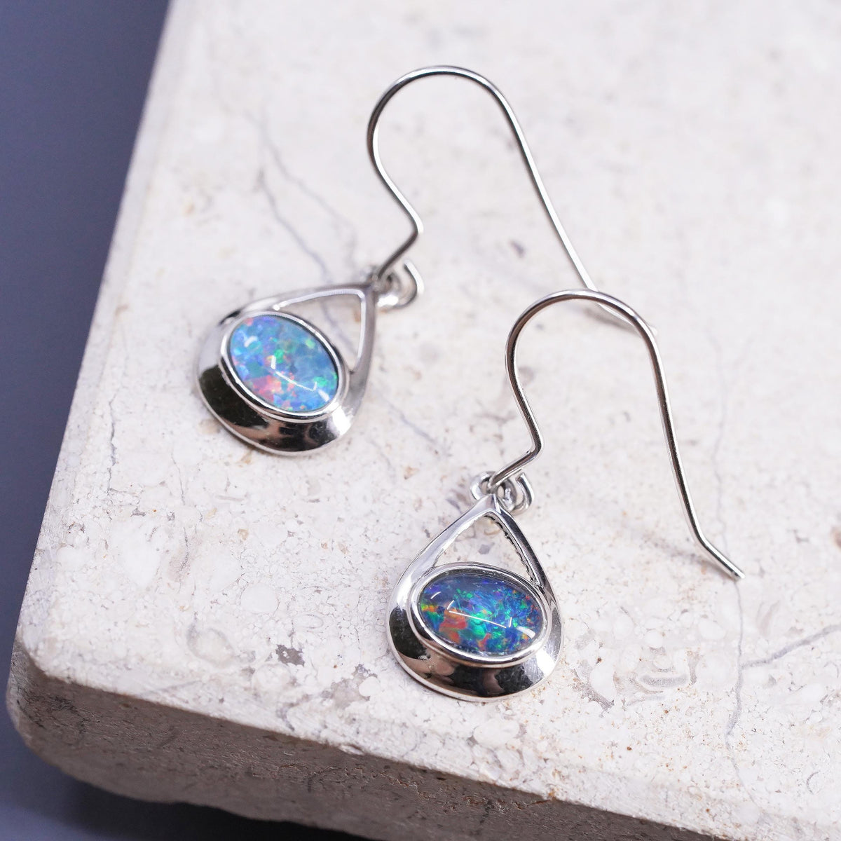 Vintage Sterling silver handmade earrings, 925 oval drops with fire opal