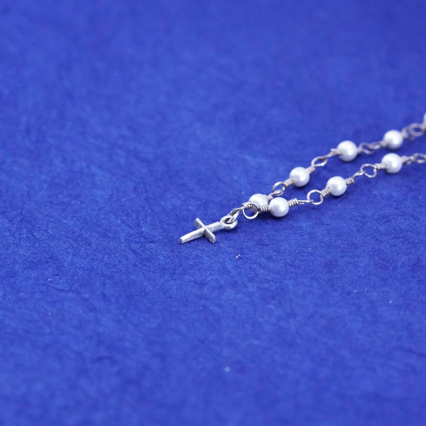 14”, sterling silver handmade necklace, 925 chain with pearl and cross charm