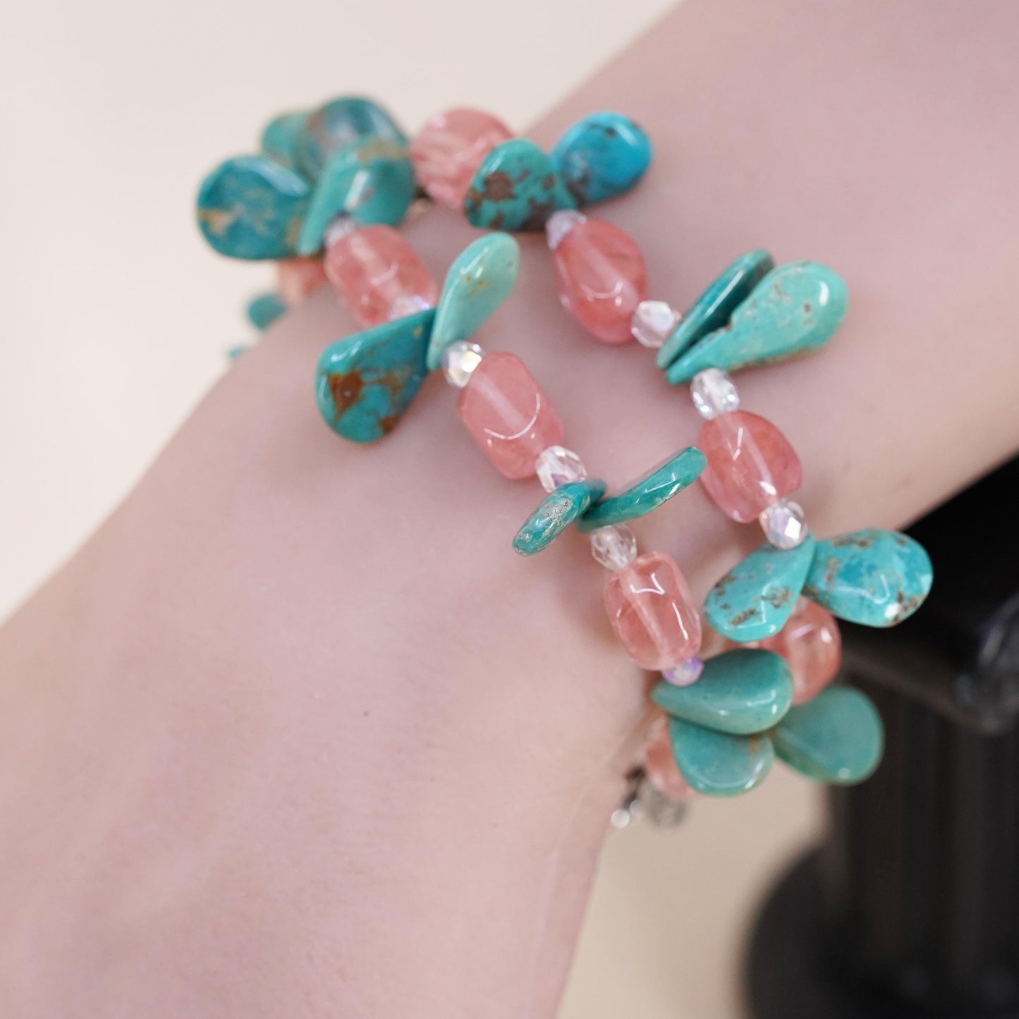 7”, VTG southwestern Sterling 925 silver bracelet turquoise pink quartz beads