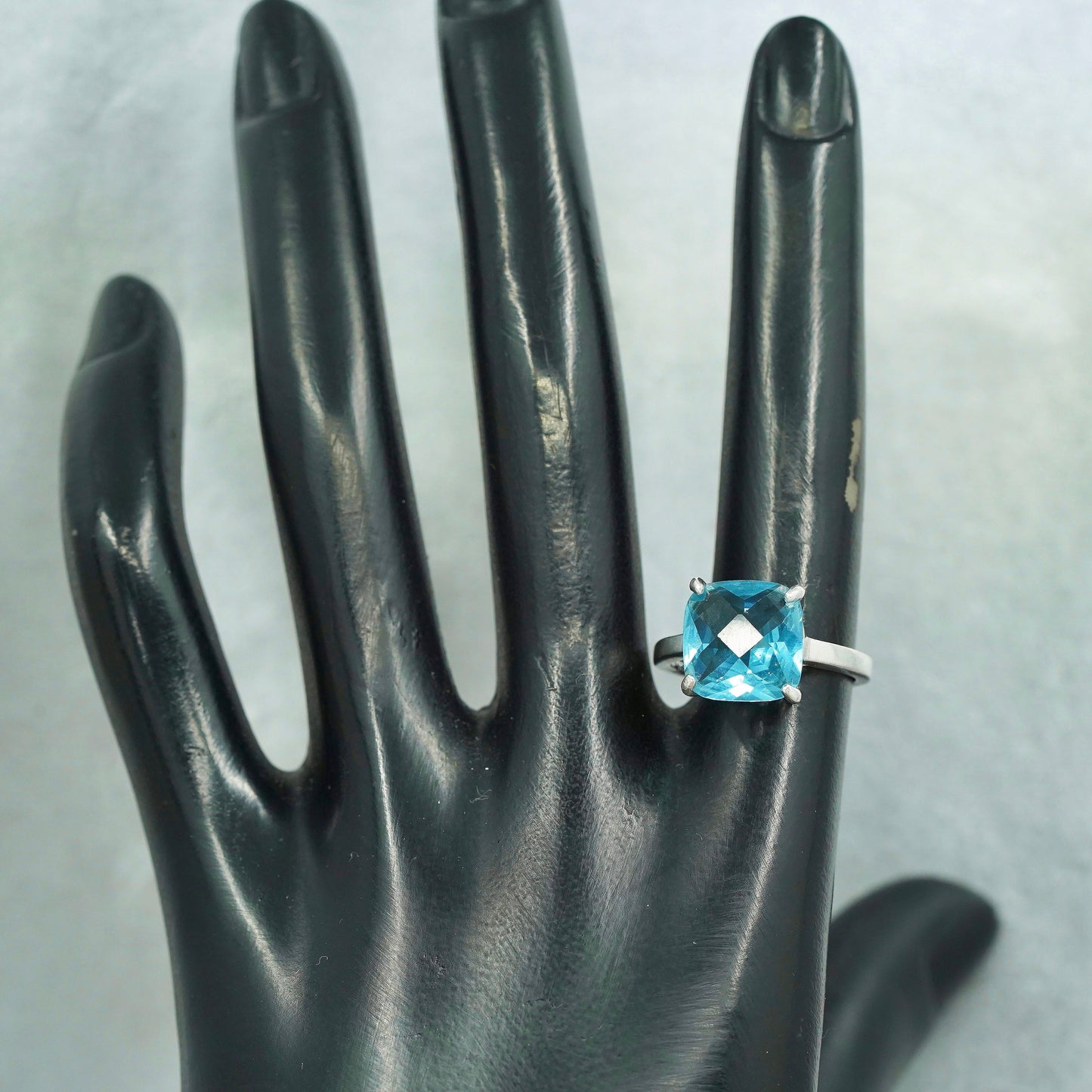 Size 7.25, vintage Sterling 925 silver band ring with checkerboard cut topaz