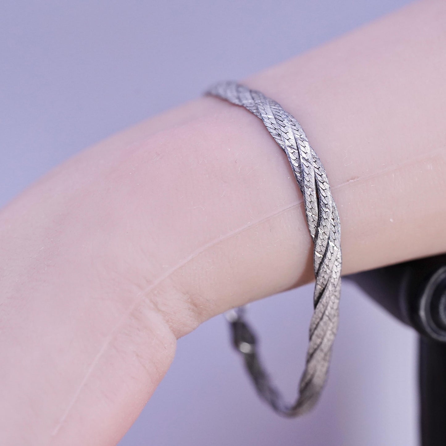 7", 6mm, vintage Sterling silver bracelet, 925 woven flatten herringbone chain