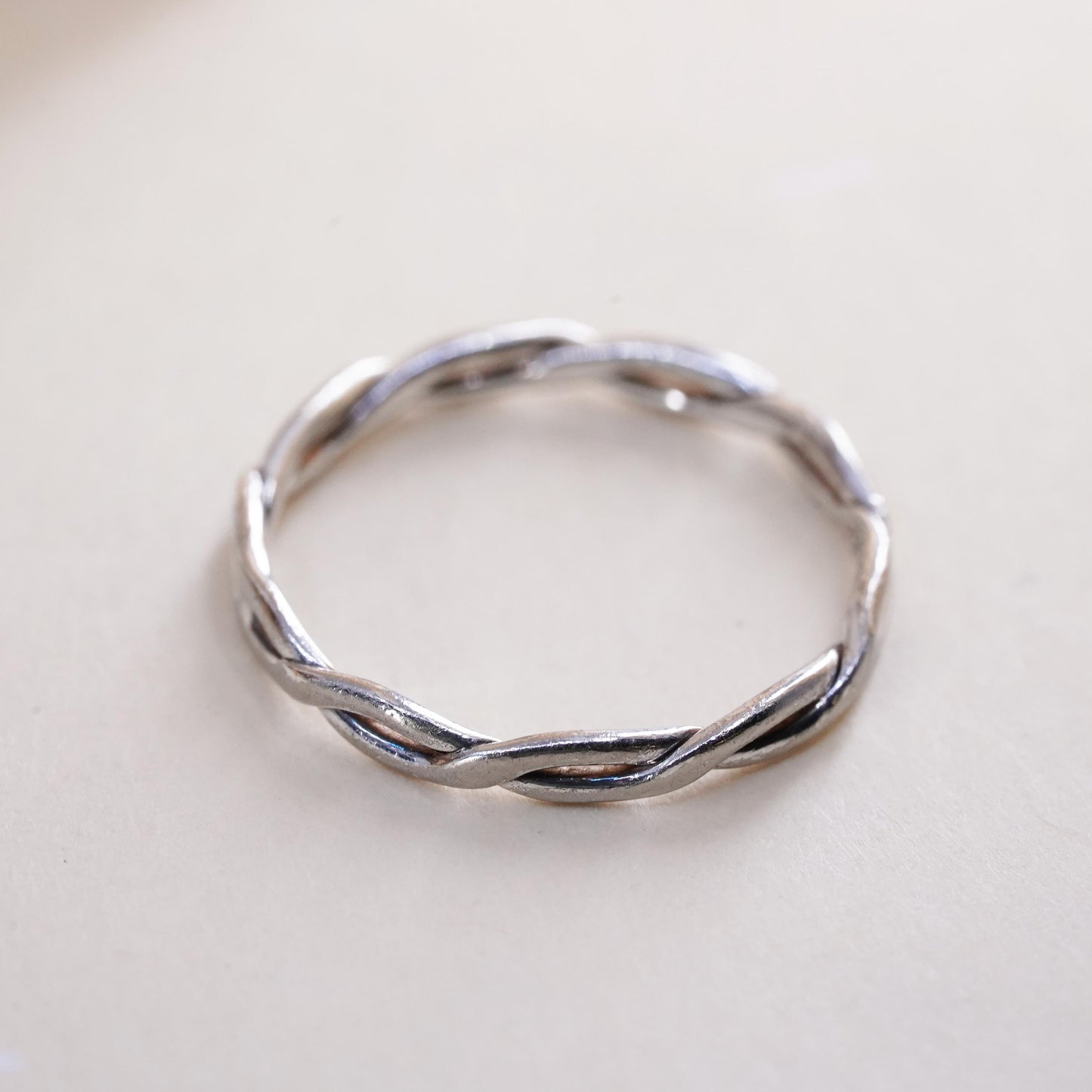 Size 5.5, vintage sterling silver handmade ring, 925 band with woven pattern