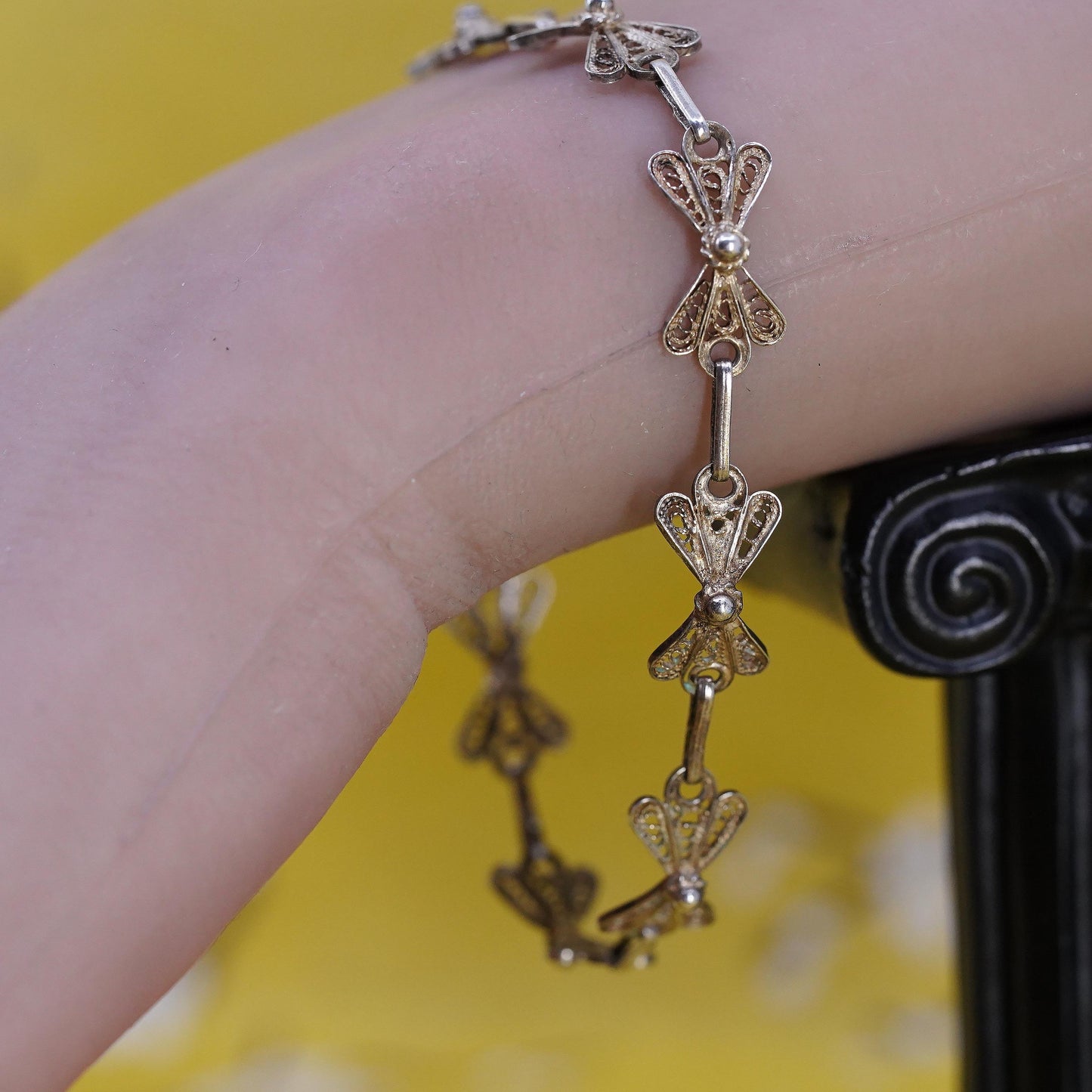 7.5", VTG 925 Sterling silver handmade bracelet, filigree ribbon bow tie chain
