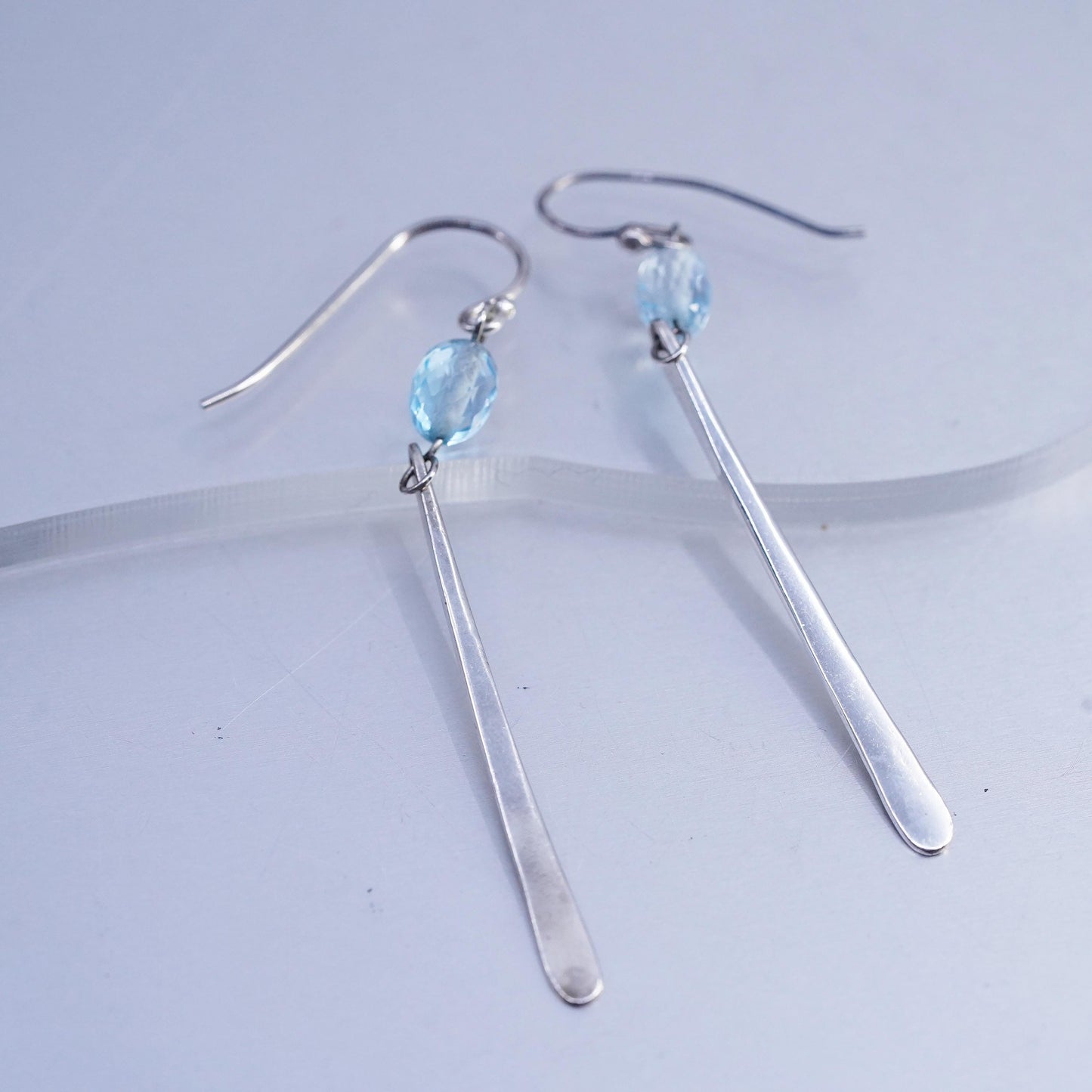 Vintage Sterling 925 silver handmade long dangle earrings with blue crystal